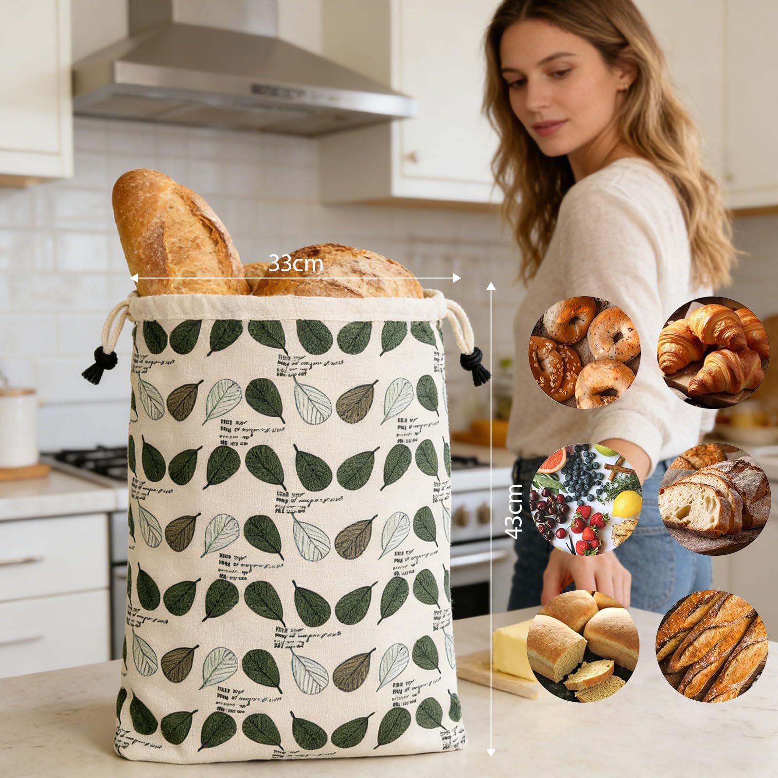 2 bolsas de pan reciclables con sello de tres capas, plan de agujas decorativas, sustancia de algodón lavable, opción sostenible para amas de casa, bolsas estrechas
