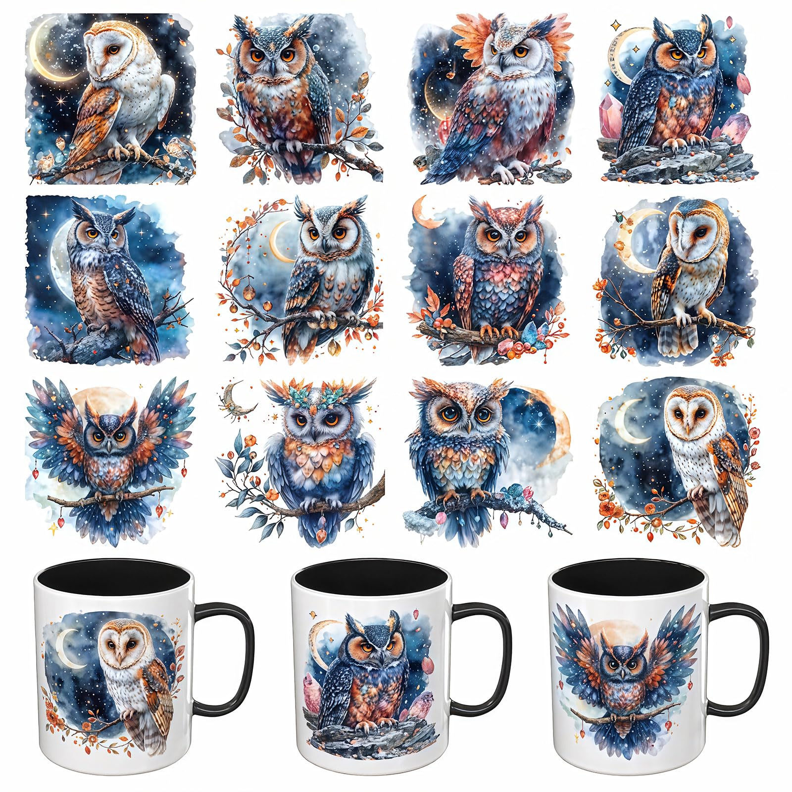 12pcs Moon Owl UV DTF Cup Wraps Transfer Waterproof Sticker for Glass Cups Furniture Craft DIY Crafts，Rub on Transfer Stickers for DIY Water Bottle Laptop Decal Wood Car