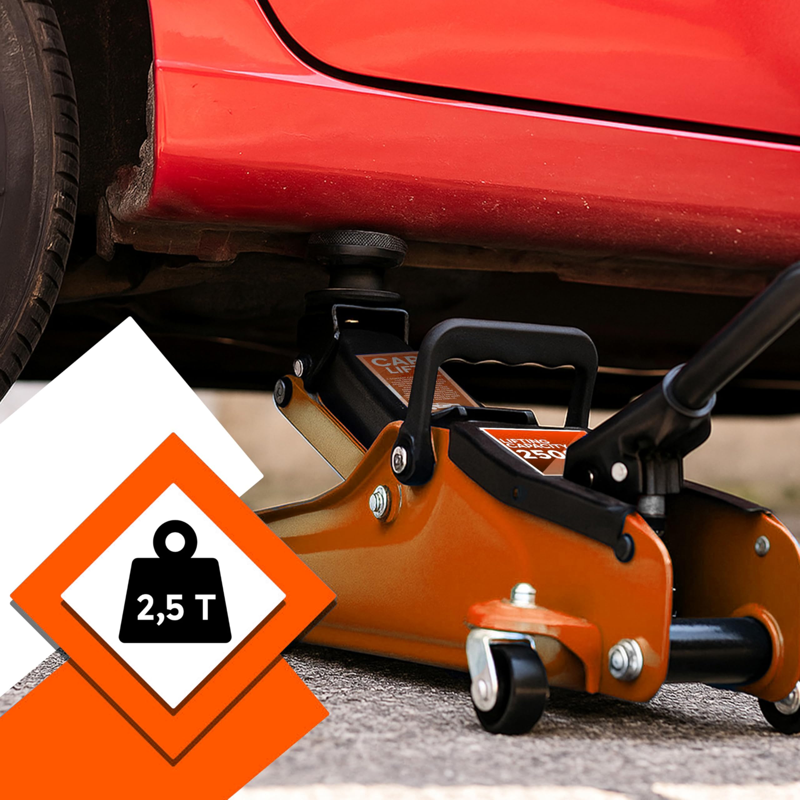 Retoo Hydrauliczny podnośnik samochodowy 2,5T – podnośnik samochodowy o wysokości podnoszenia 85 – 365 mm i drążkiem dźwigniowym 50 cm, płaski profil, idealny do samochodów osobowych, SUV-ów