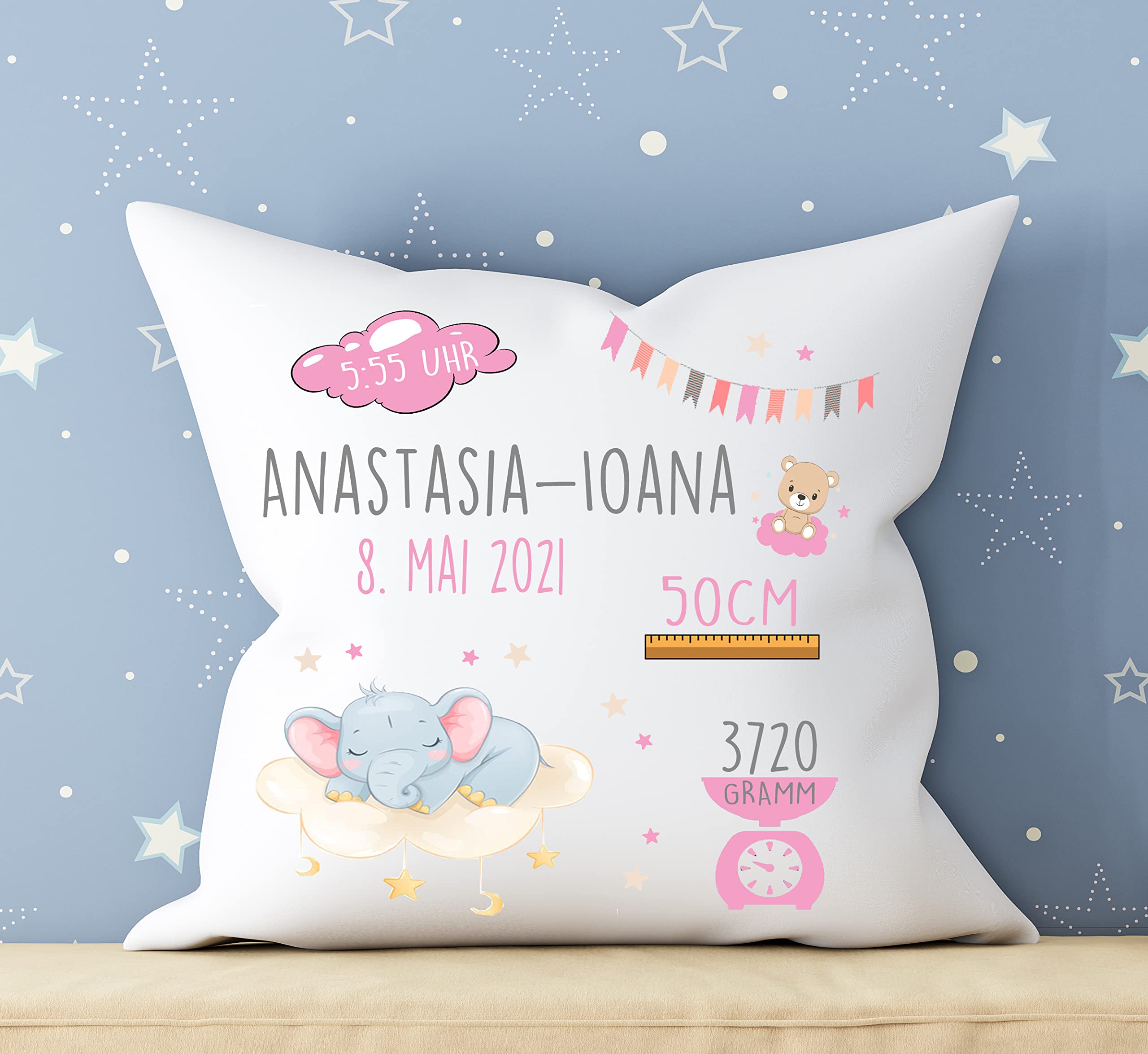 Personalisiertes Geburtskissen mit Namen und Geburtsdaten für Jungen und Mädchen inkl. Füllung 40x40cm | Foto Babykissen| bedrucktes Kissen | Geschenke zur Geburt, Taufe (Mädchen, mit Kissenfüllung)
