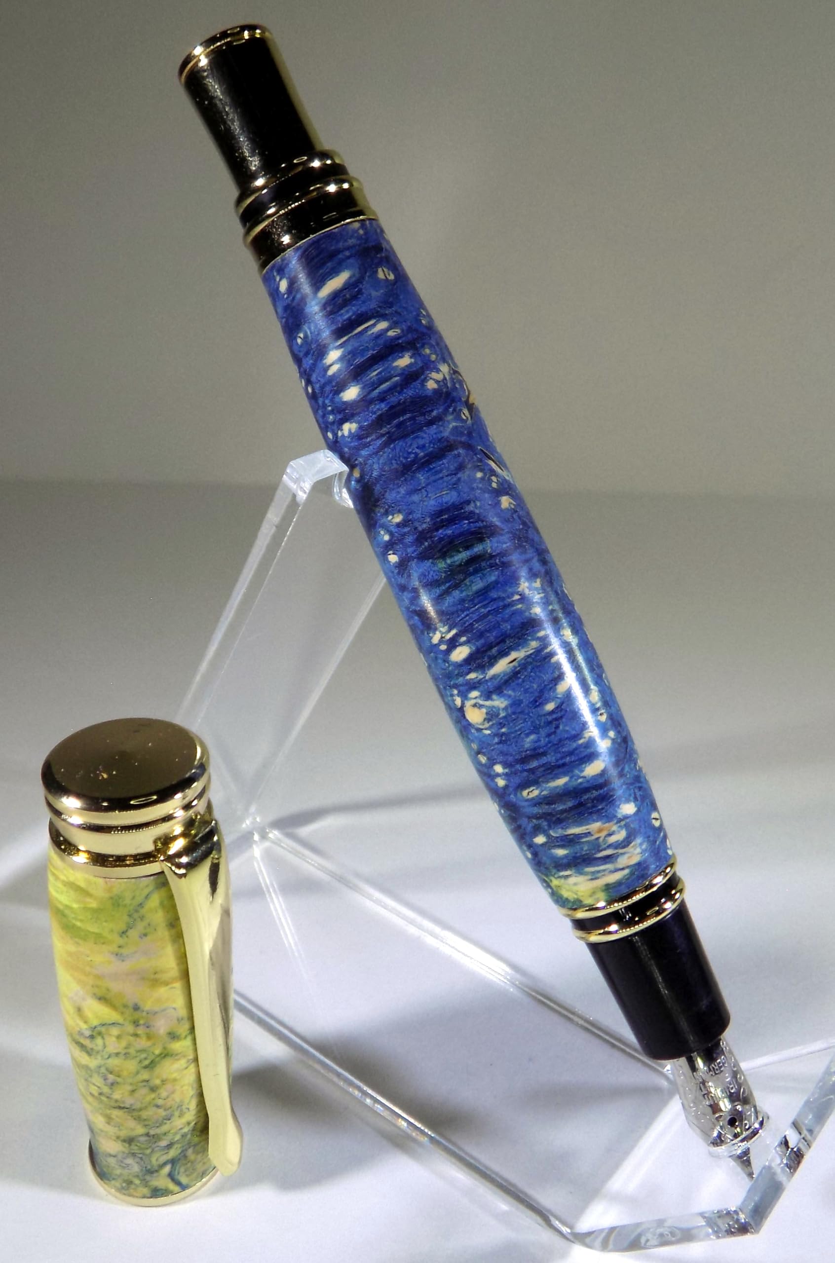 Handmade Executive Fountain Pen w/Magnetic Cap - Blue and Yellow Double Dyed Maple Burl - Gold Hardware. Black ink.