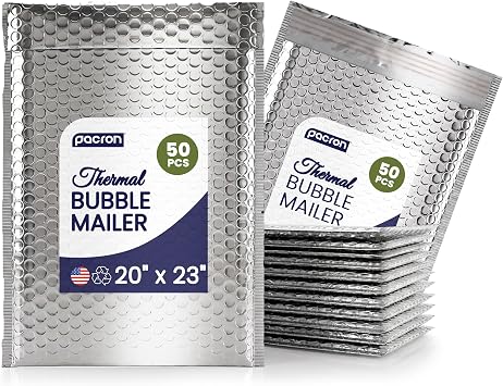 50-Pack Insulated Silver Thermal Bubble Mailers 20 x 23 - Waterproof Metallic Foil Self-Sealing Padded Envelopes for Cold Shipping, Perishables, Food, Cosmetics, Pharmaceuticals