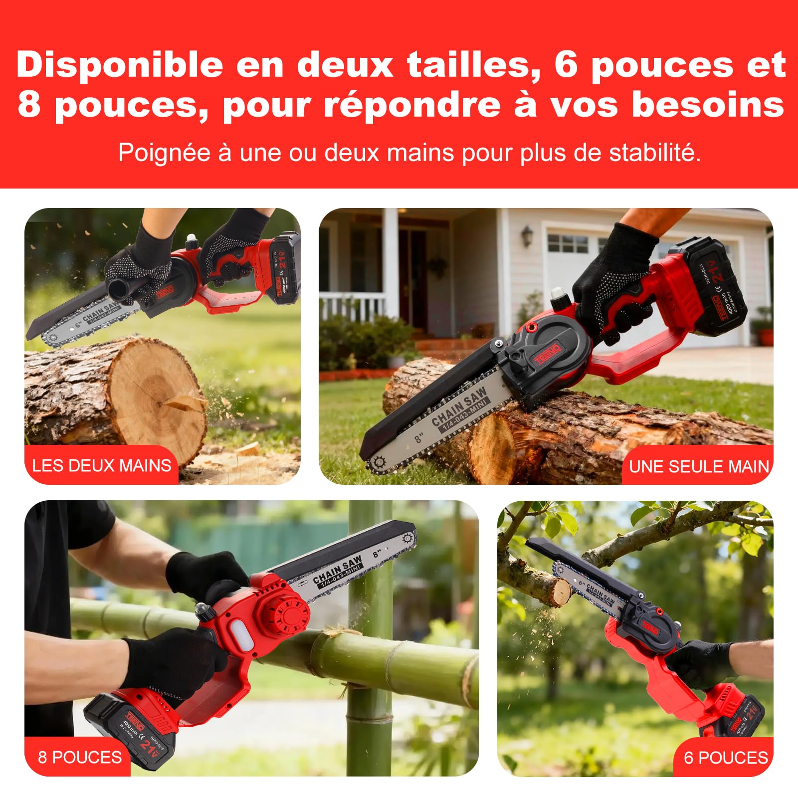 TEENO Tronconneuse a Batterie, 1000W Mini Tronçonneuse Électrique 6&8 Pouces 2-en-1, Kit avec 6 Chaînes (3×6"+3×8"), Moteur Sans Balais, 2×4000mAh, 5500 tr/min, Portable pour Jardin, Taille Haie, Bois