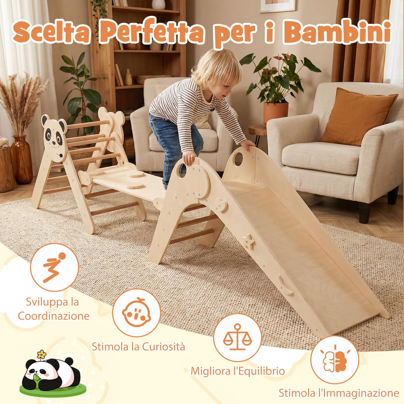 COSTWAY Set da Arrampicata per Bambini, Set Montessori Pieghevoli in Legno, Parco Giochi per Bambini con Scivolo, Rampe, Scala e Blocchi, 3 Anni + (Naturale)