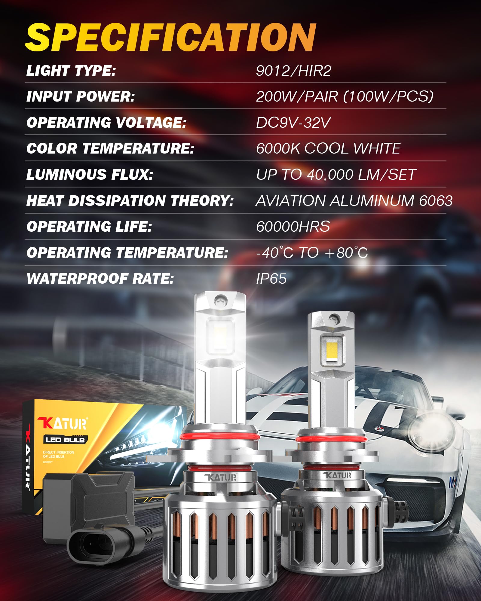 KATUR Bombilla HIR2 9012 Led, 200W 40000LM 6000K Blanco 900% Brillo Super Brillante 360 Grados de Ángulo de Haz Ajustable 12V 24V Bombilla HIR2 Led Canbus libre de errores Kit de Conversión, 1 par