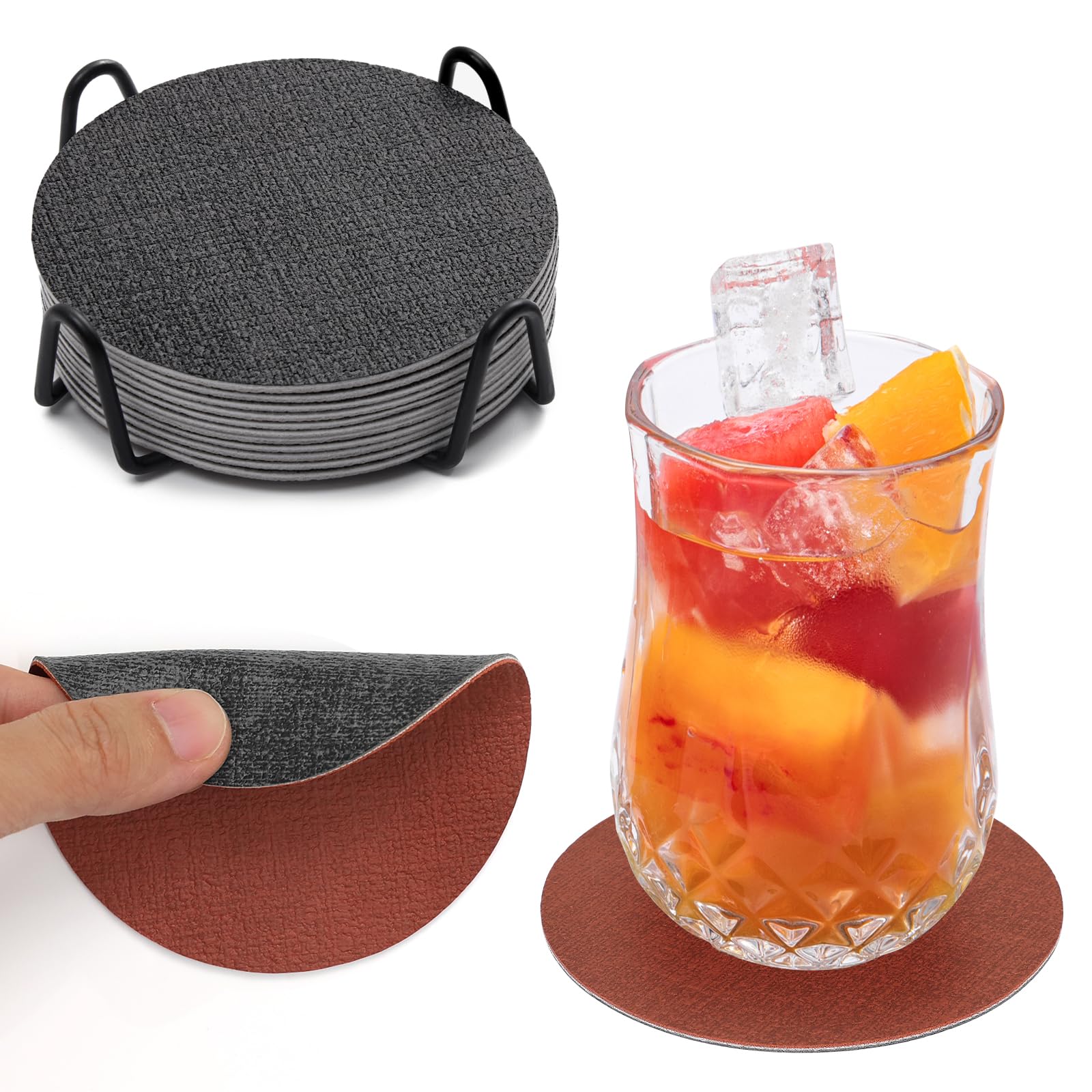 Chitomars Coasters, Dual Sided Faux Leather Coaster for Drinks Mug Coaster Non Slip Anti-Heat Washable Cup Pad Mats Home and Outdoor Coffee Beer Glass Bottle Bar(Gray Terracotta,Round)