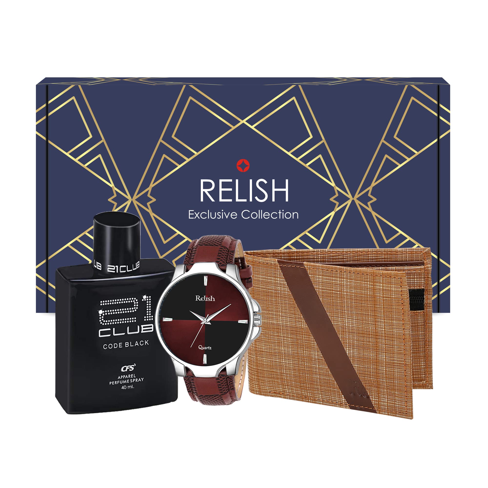 Relish Gift Combo Box of Mens Brown Analog Leather Strap Watch, Texture Wallet, Long Lasting Perfume (B0BD21S58C) Amazon Price History, Amazon Price Tracker