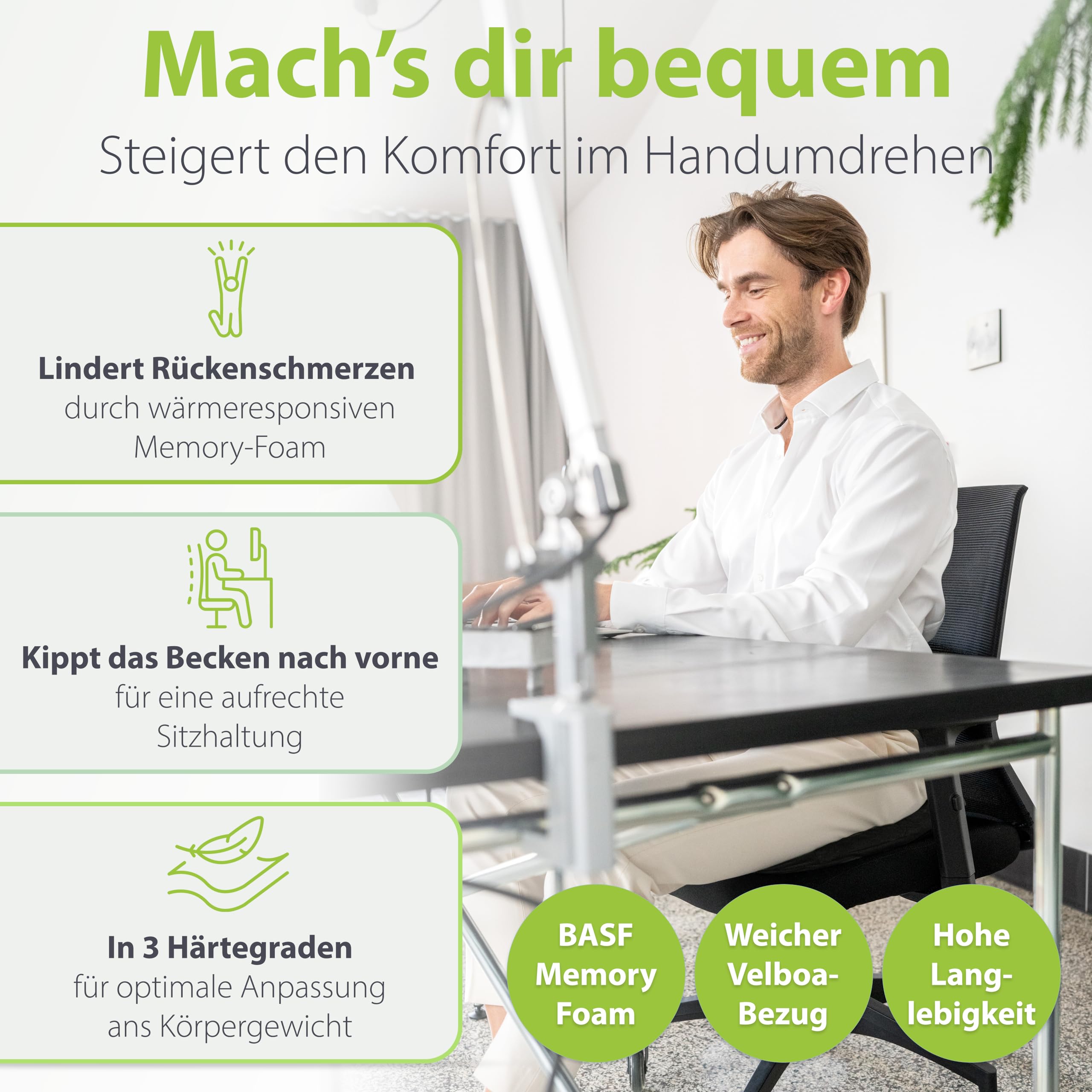 feela.® Orthopädisches Keilkissen [3 Härtegrade] – Memory Foam Haltungskorrektur für mehr Sitzkomfort & Entlastung bei Ischias – Ideales Sitzkissen Stuhl fürs Büro & Sofa (Medium)