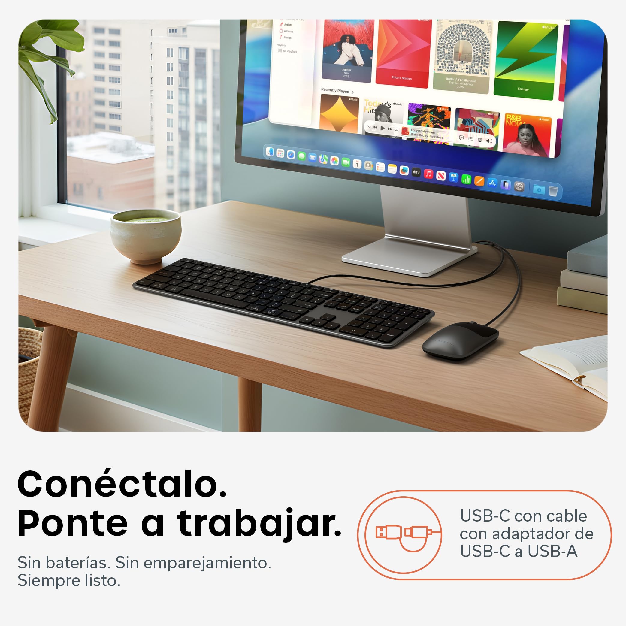SATECHI Teclado y Ratón con Cable Slim CLX3, QWERTY US, Negro Espacial | Distribución Americana, teclado y ratón con cable, USB-C Plug and Play, para Mac, PC Windows y Android