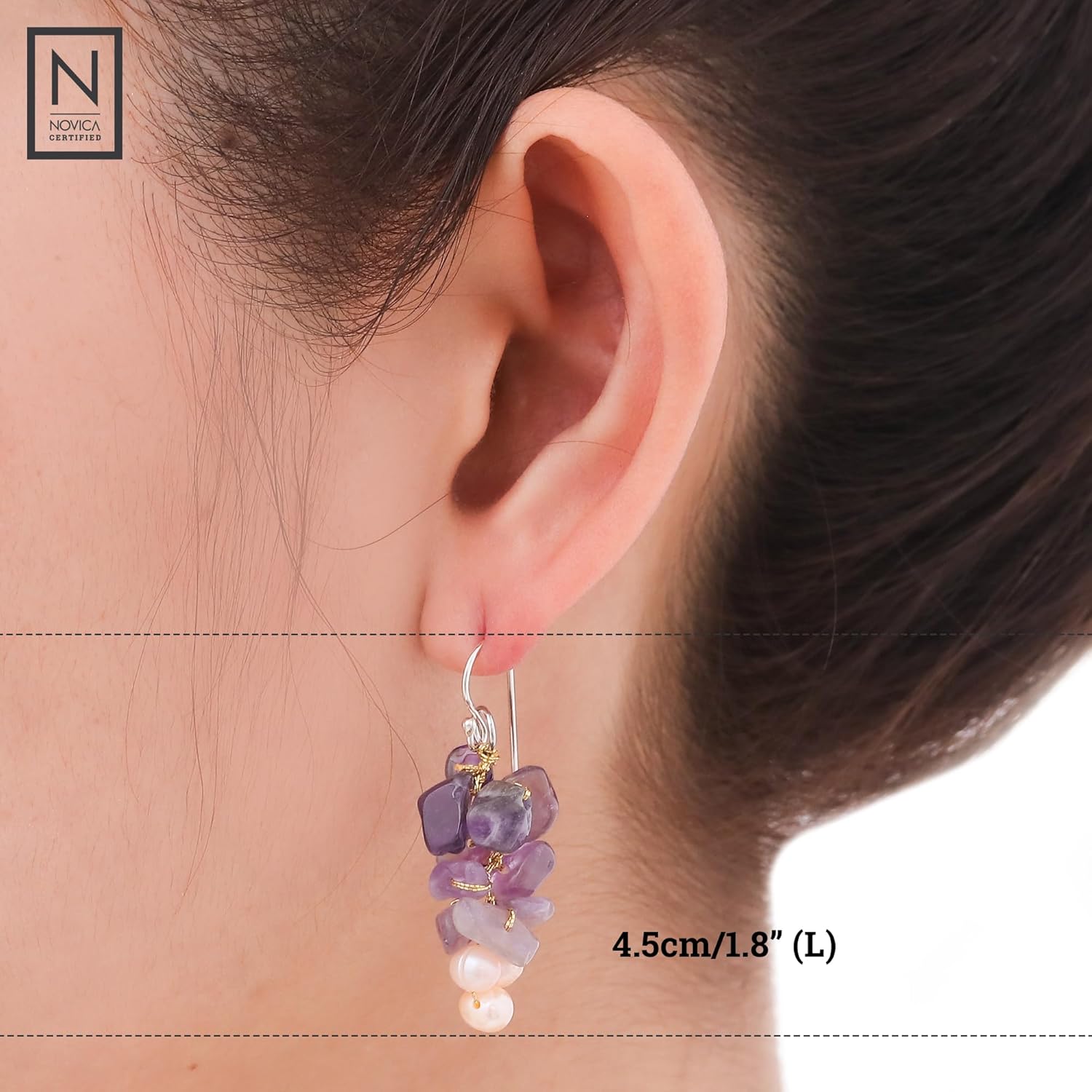 NOVICA Artisan Handmade Cultured Pearl Amethyst Cluster Earrings Unique Beaded Sterling Silver Purple White Thailand Mauve Mist Birthstone [1.8 in L x 0.5 in W] ' Afternoon Lilac' - Image 3