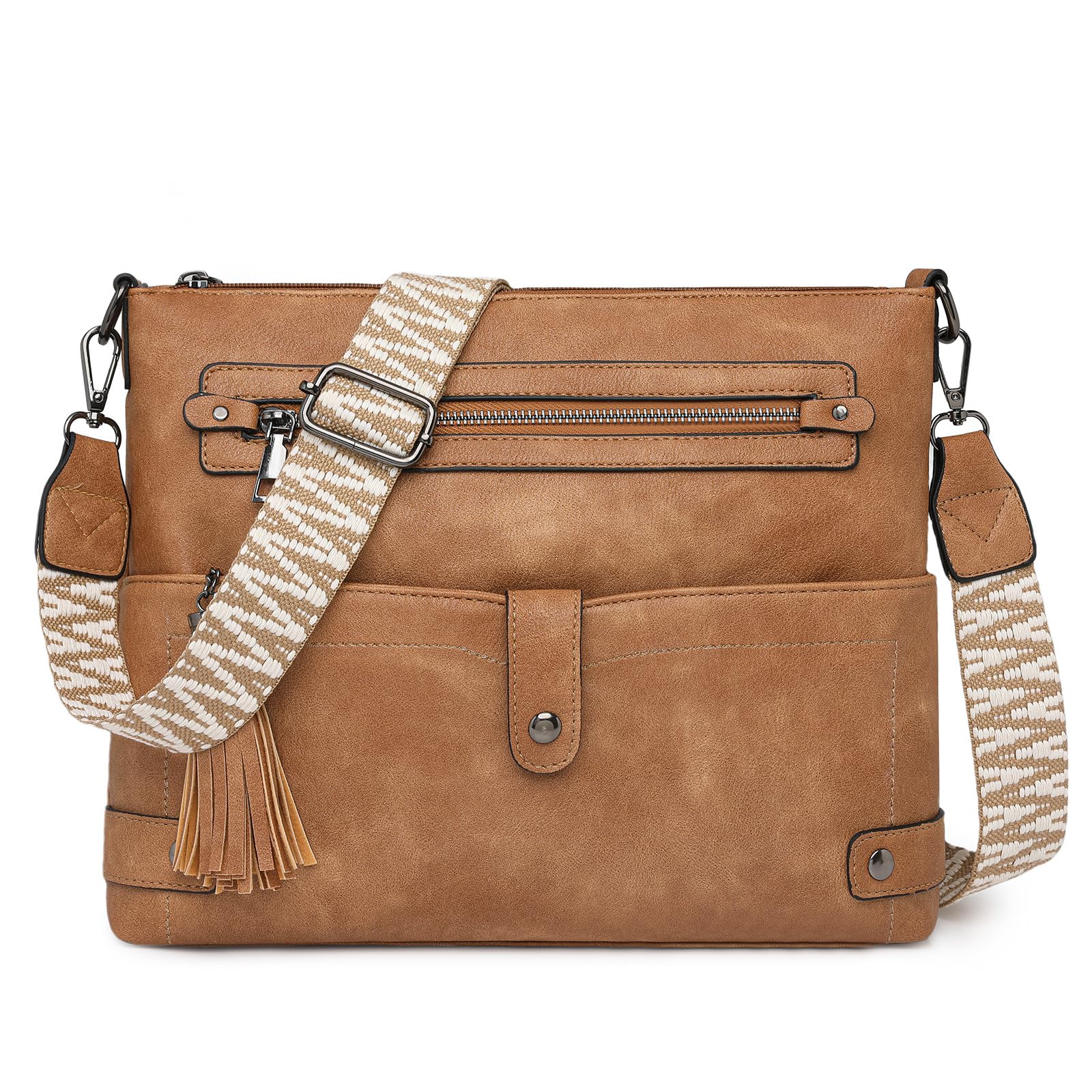 Large Crossbody Purses for Women Multi Pocket Casual Leather Shoulder Bag with Tassel and Adjustable Strap
