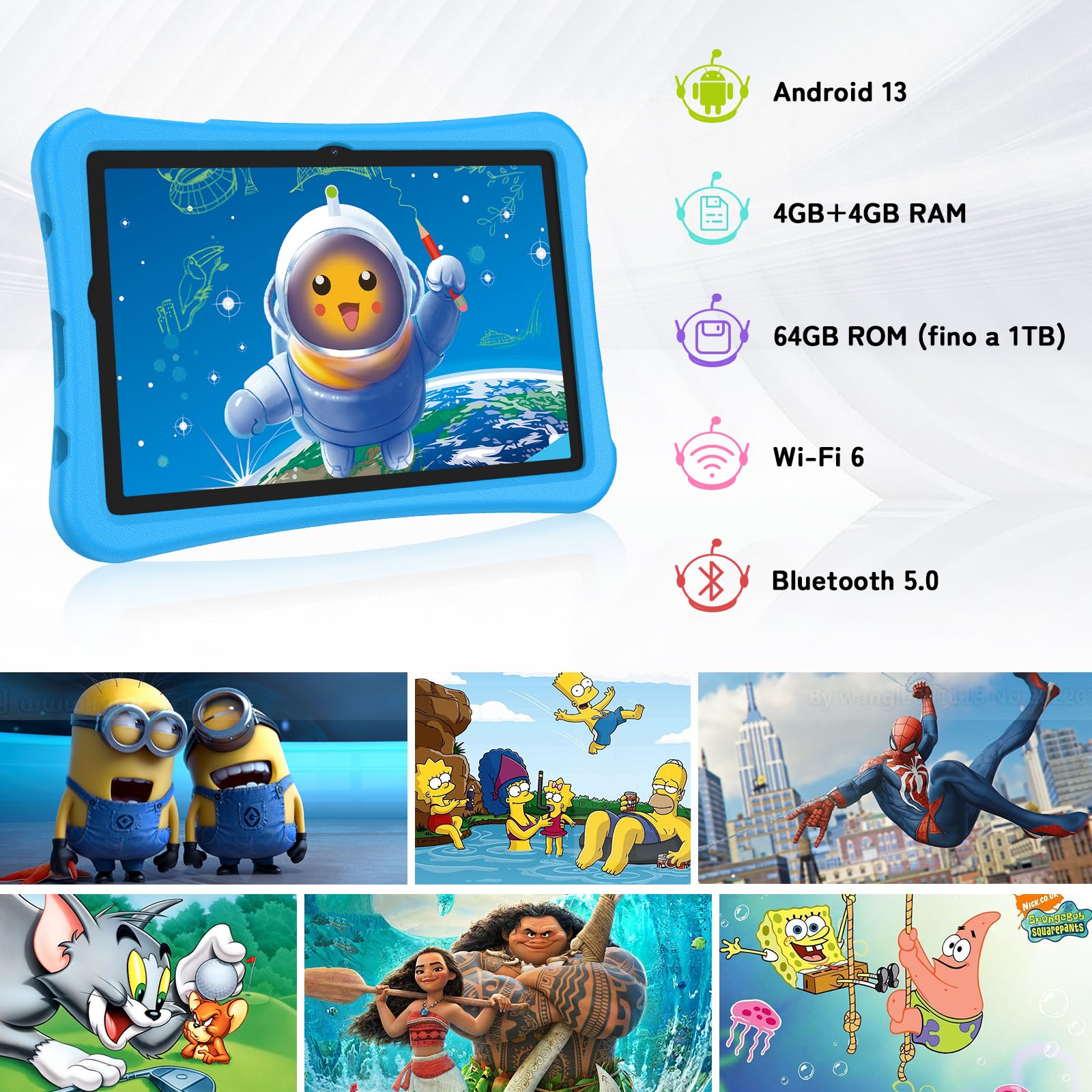 UMIDIGI Kinder Tablet 10,1 Zoll Android 13, G2 Kindertablet AB 3 Jahre 8GB(4+4) RAM+64GB ROM/1TB, Augenschutz 1280 * 800HD, WiFi6, 6000mAh 8MP+8MP mit Eva Etui/OTG/Type C-Blau