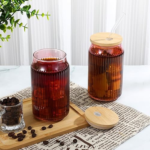 Miniatura 4 de Juego de 4 tazas de vidrio acanalado rosa con tapas y pajitas, tazas de café helado de 16 onzas, juego de cristalería vintage acanalada para té,