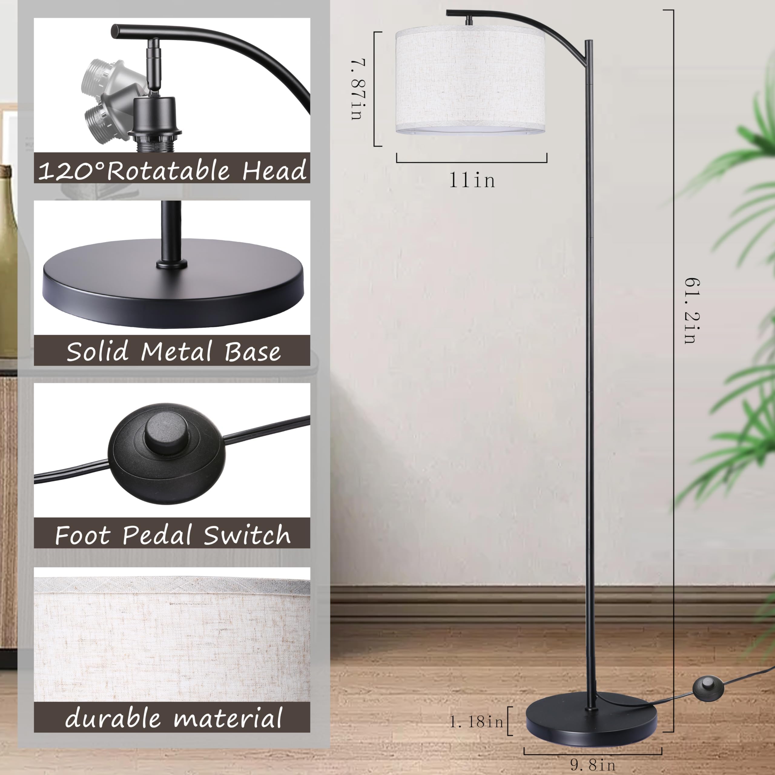 Regulowana lampa podłogowa do salonu z lnianym kloszem, nowoczesna stojąca lampa do czytania z obrotową głowicą, wysoka lampa podłogowa do sypialni i biura, wystrój domu, żarówka w zestawie