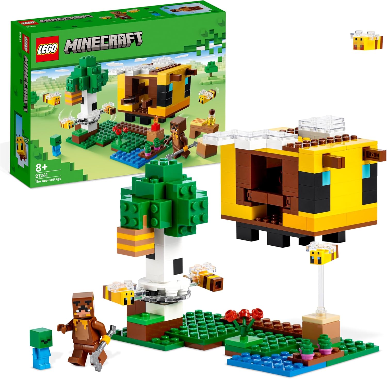 Lego 21241 Minecraft Bee Hut, Construction Toy, Farm with Building House, Zombie and Animal Figurines, Children's Birthday Gift