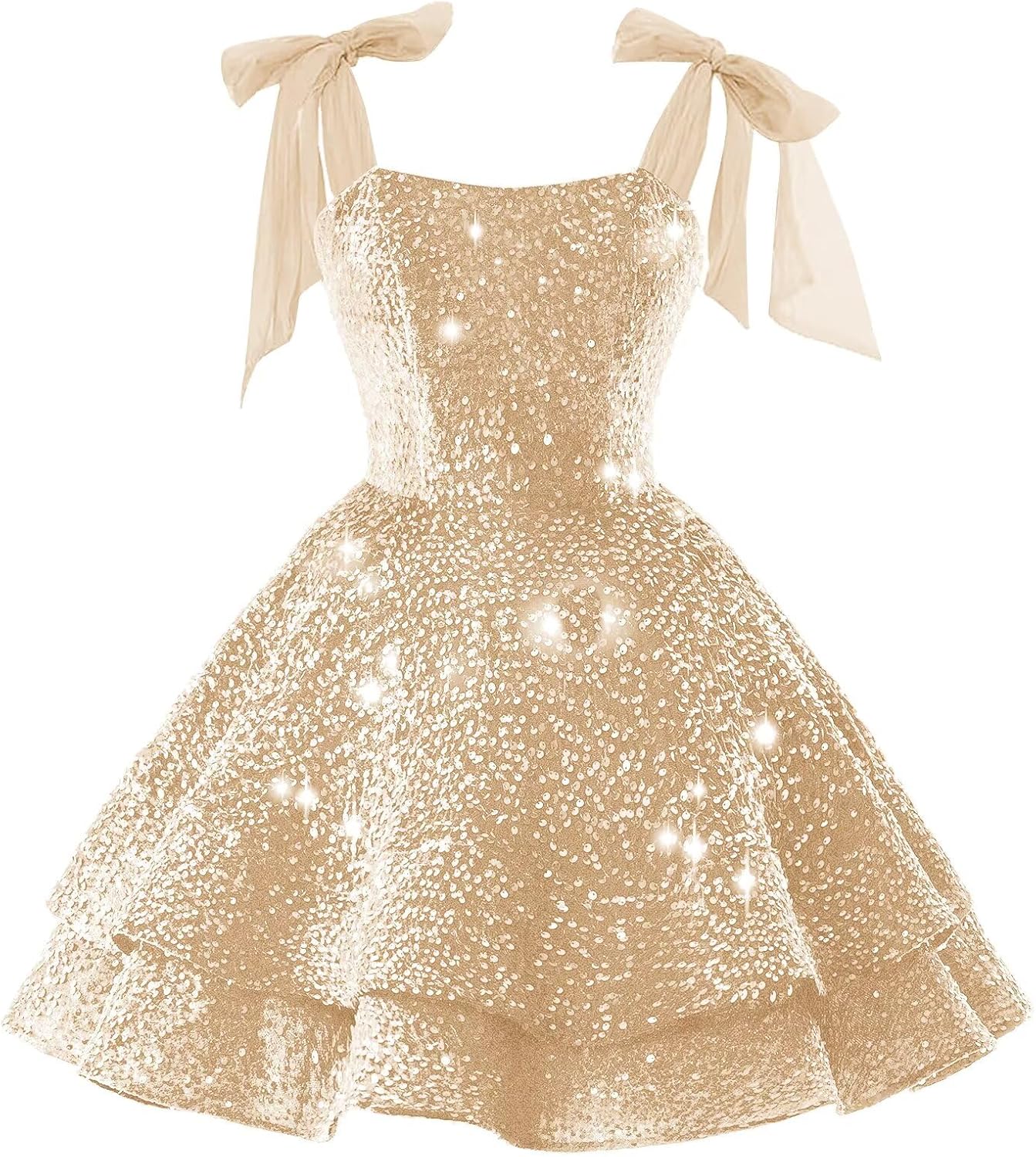 Bow Sparkly Sequin Homecoming Dresses Backless Square Neck Short Tiered Cocktail Dresses for Teens 2026