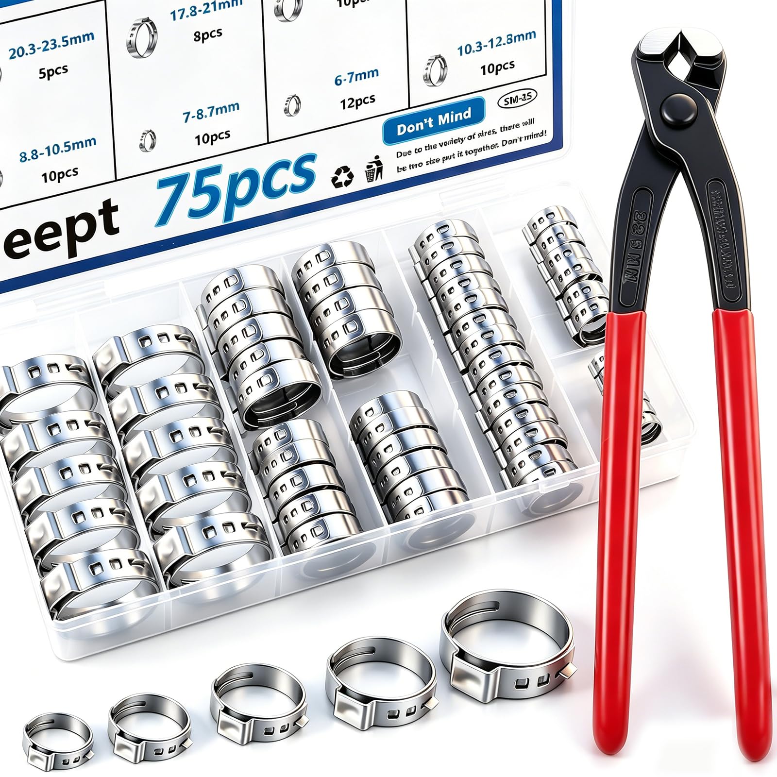 Lot de 75 colliers de serrage en acier inoxydable 304 de 8 tailles avec pince à sertir 6 à 23,6 mm pour auto/électroménager/tuyau/conduite de carburant avec pince