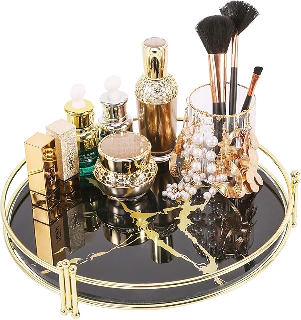 Simmer Stone Makeup Organizer Tray, Decorative Glass Vanity Tray, Round Cosmetic Storage for Jewelry, Makeup, Perfume, Decor and More, Size 11.5, Black Marbling