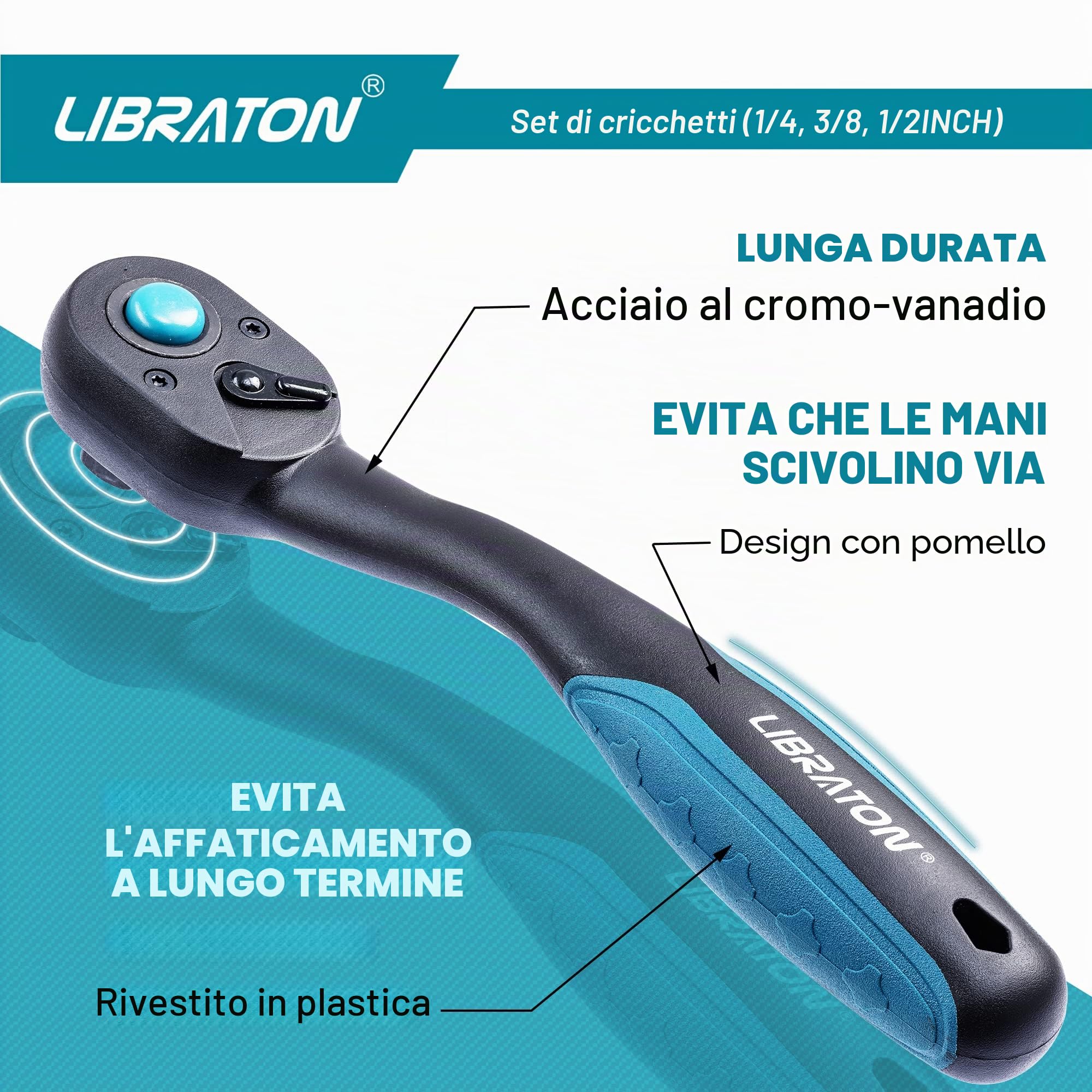 LIBRATON Cricchetto reversibile, Set di 3 chiave a cricchetto 1/4", 3/8", 1/2", impugnatura a cricchetto sgancio rapido a 72 denti, con organizer in EVA