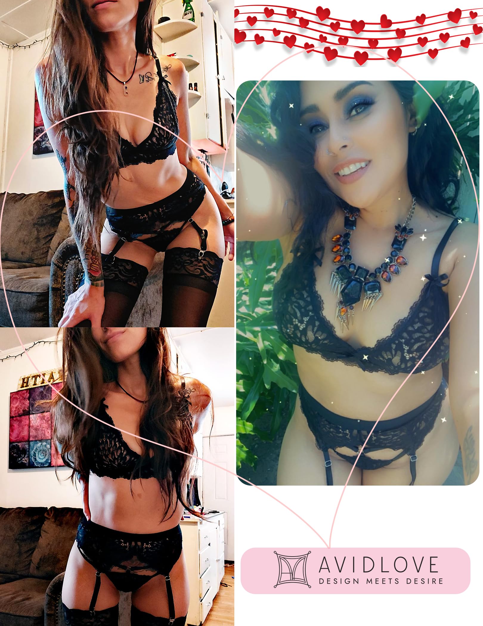 Avidlove Women Garter Lingerie Set 3 Piece Lace Bra and Panty Set with Garter Blet Sexy Bralette Set