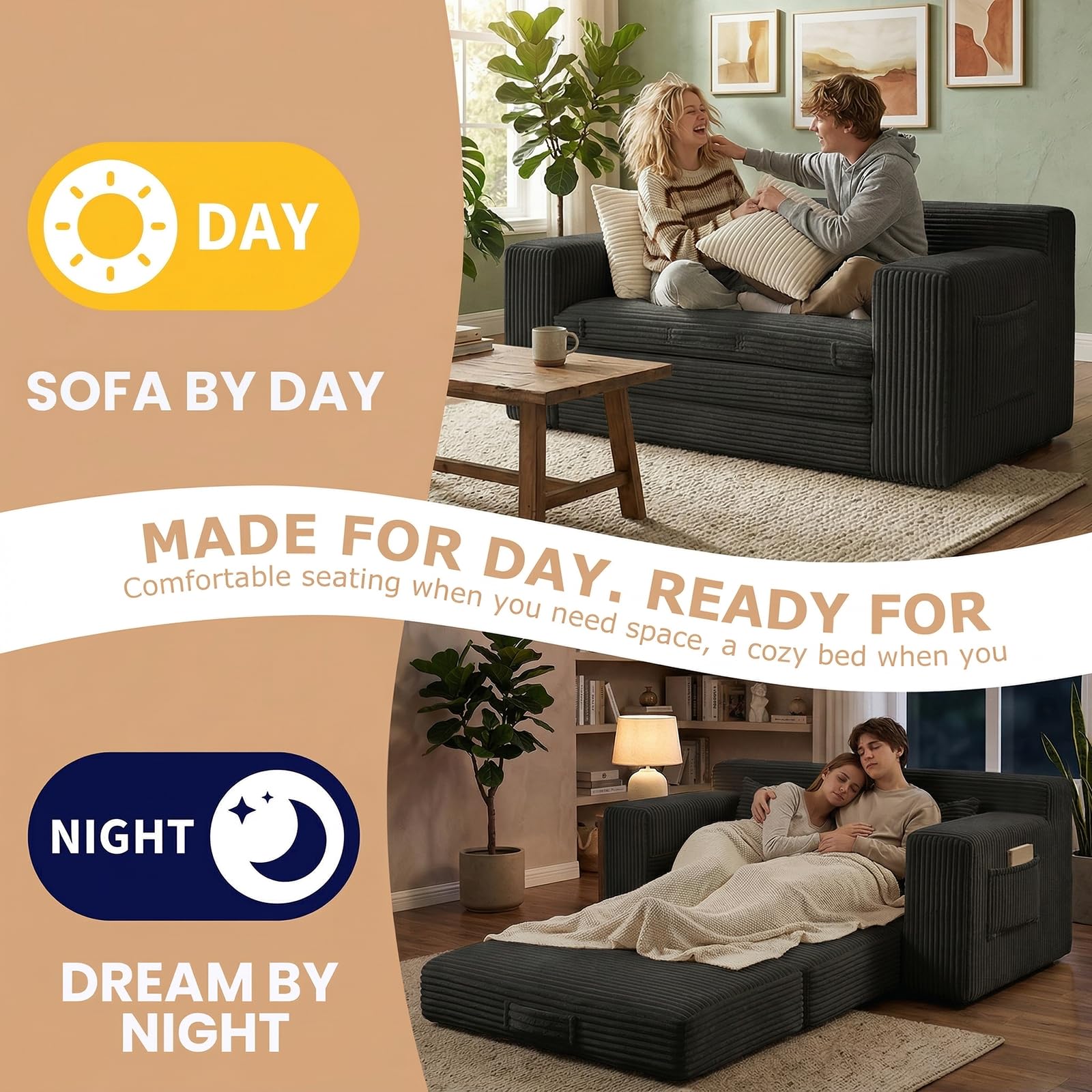 Boneless Loveseat Sofa Bed, Tri-Folding Convertible Futon Sleeper with Handle & Side Pockets, 54'' Boneless Couch with Hook and Loop No Assembly for Small Space,Living Room & Bedroom