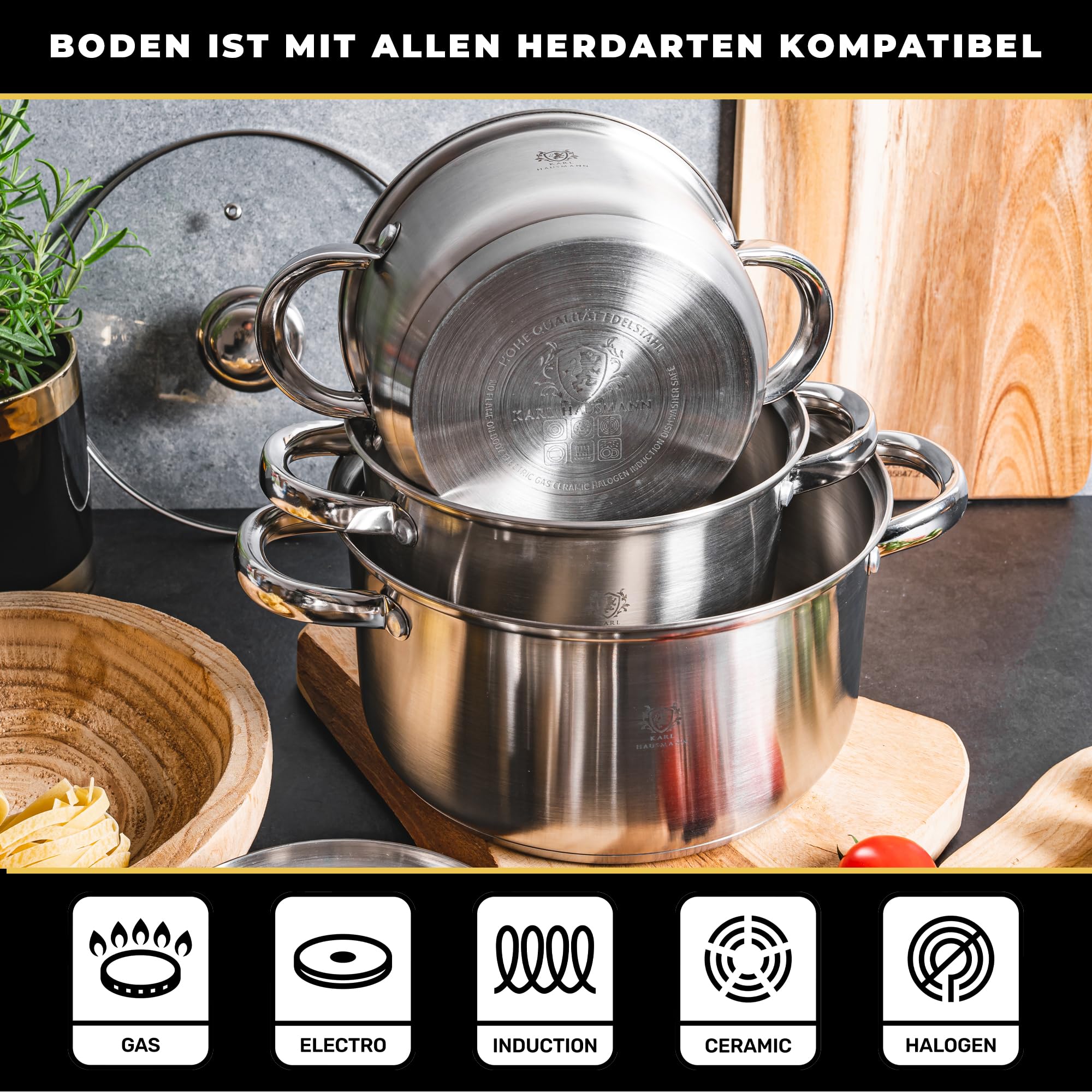 KARL HAUSMANN Topfset Induktion Edelstahl 4-Teilig - Kochtöpfe für Alle Herdarten - Kochtopf Set mit Glasdeckel - Töpfe mit Messskala - Topf Set - Kochtopfset - Topfsets - Pots - Induktionstöpfe