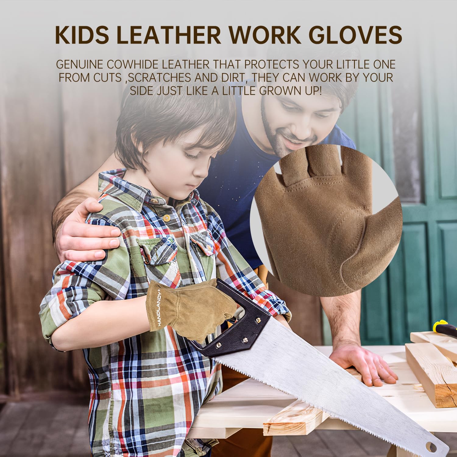 HANDLANDY Kids Genuine Leather Work Gloves for ages 3-11, Children Gardening Gloves for Boys Girls (S, for age 2-4, Khaki) - Image 2