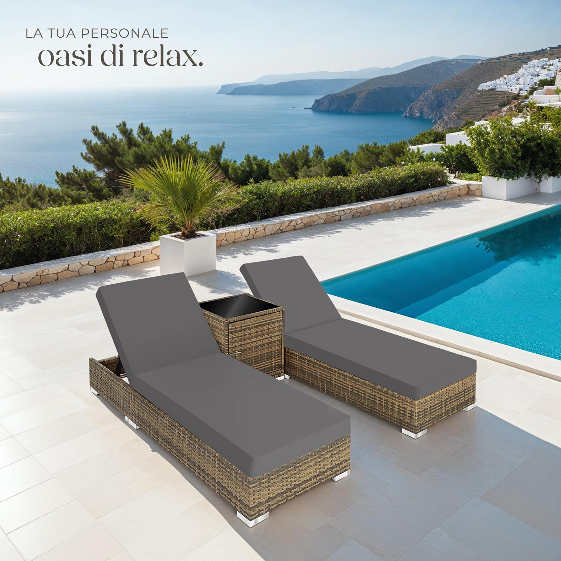 Set 2 x Lettino Alluminio Poly Rattan da Giardino con Tavolo e Sedia - Naturale