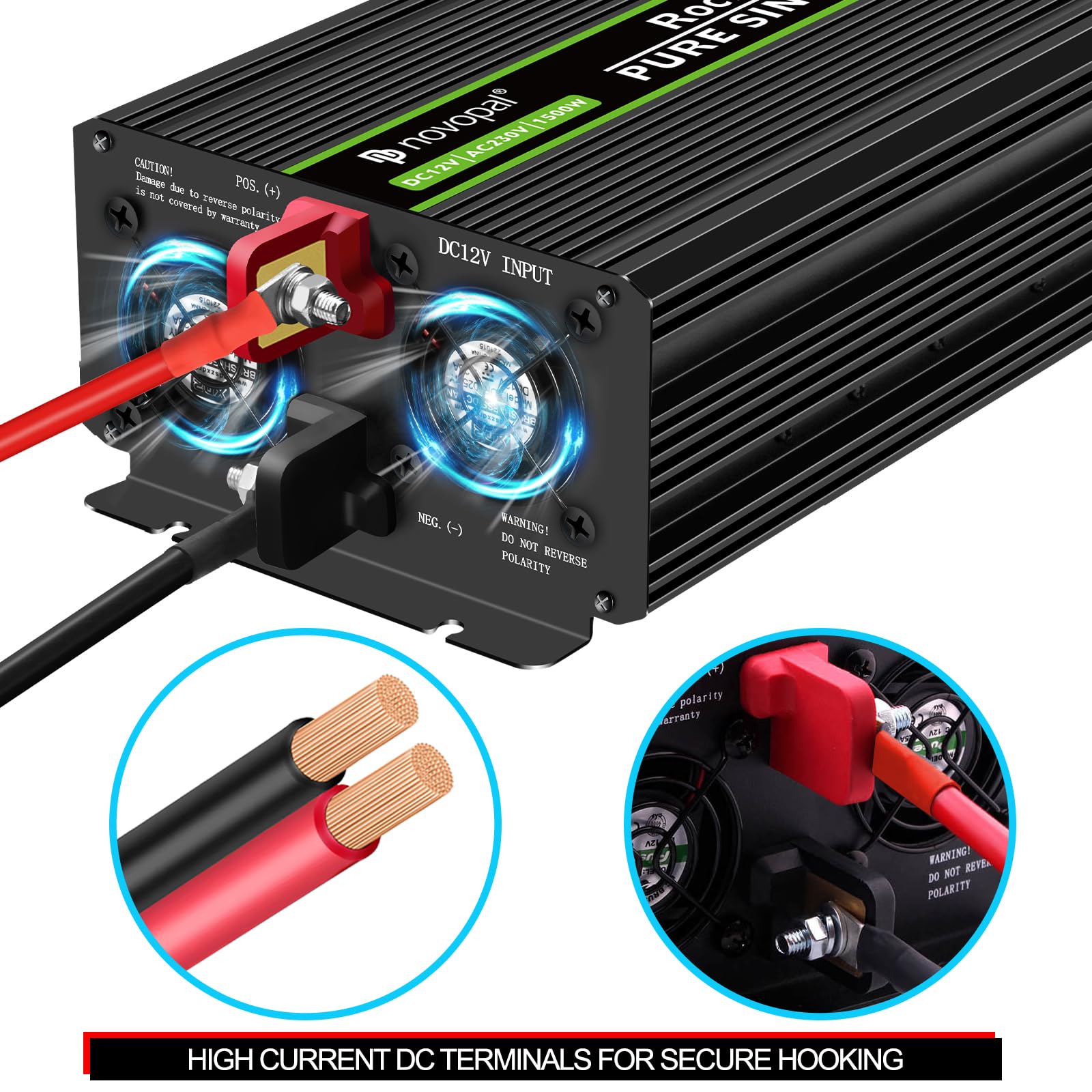 NOVOPAL Konwerter napięcia sinusoidalnego o mocy 1500 W - falownik samochodowy Przetwornica 12 V na 230 V - Przetwornica z 2 gniazdami UE i portem USB