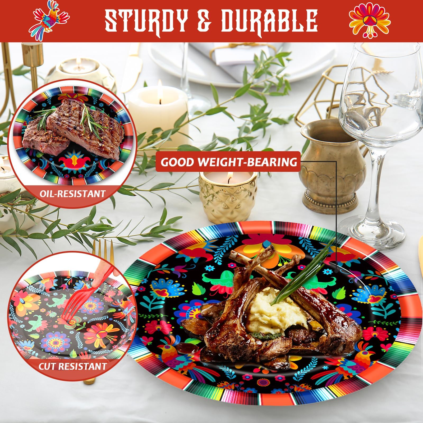 Mexikanische Fiesta-Pappteller, 17,8 cm, Fiesta-Partyteller, Einweg, Mexiko, Mayo, Dessertteller, Dekoration, für Tag der Toten, Dia de Los Muertos, Taco, Tanz, Pinata, buntes Ponchos, Abendessen