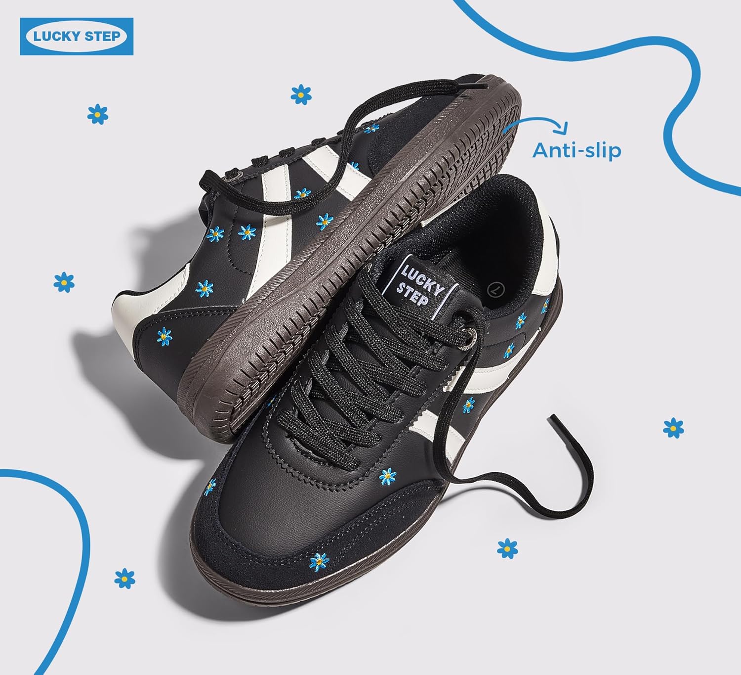 LUCKY STEP Women Classic Retro Tennis Sneakers Fashion Gum Sole Skate Casual Walking Shoe Anti Slip Floral Embroidery Comfortable Trainers - Image 5