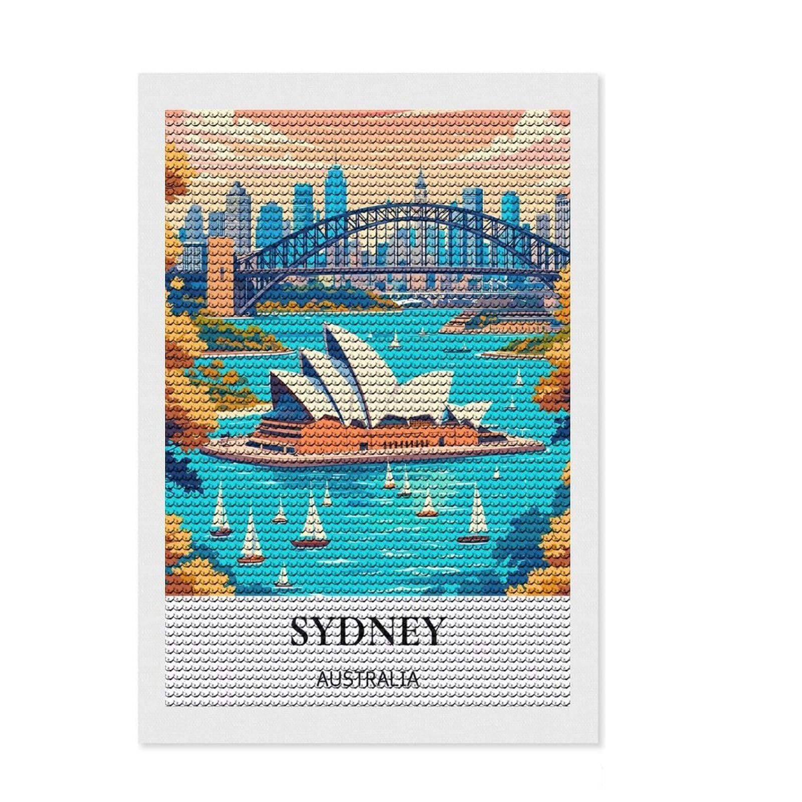 Junmoney Sydney, Australia Cityscape Diamond Art Canvas 8"x12", Birthday Gift, for Teens, Relaxing DIY Hobby, Office Decor, Mindful Craft Activity