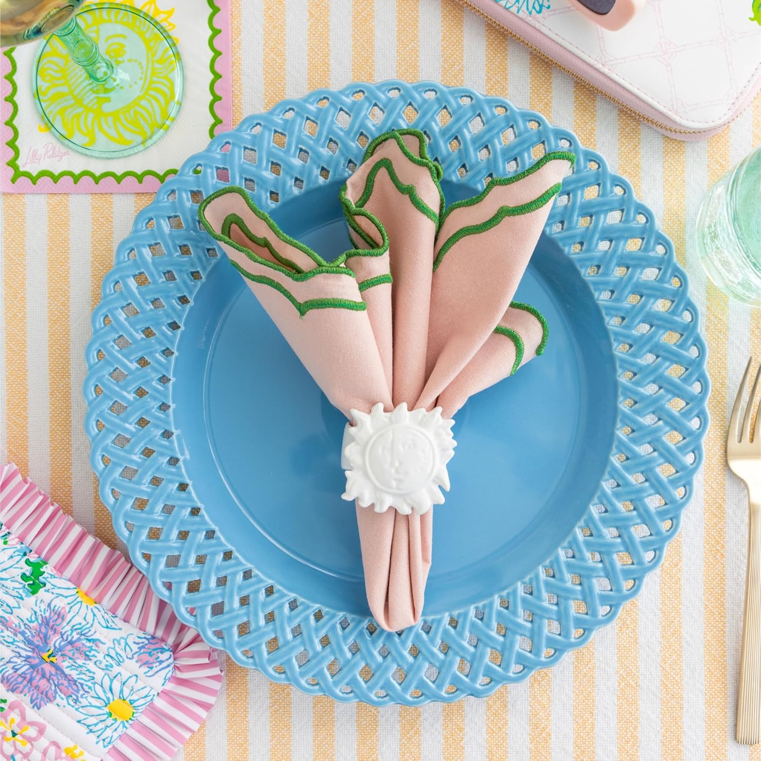 Lilly Pulitzer Ceramic Dinner Plate Set of 4, Coastal Inspired Stoneware with Woven Cut Out Design (Hydrangea Blue)