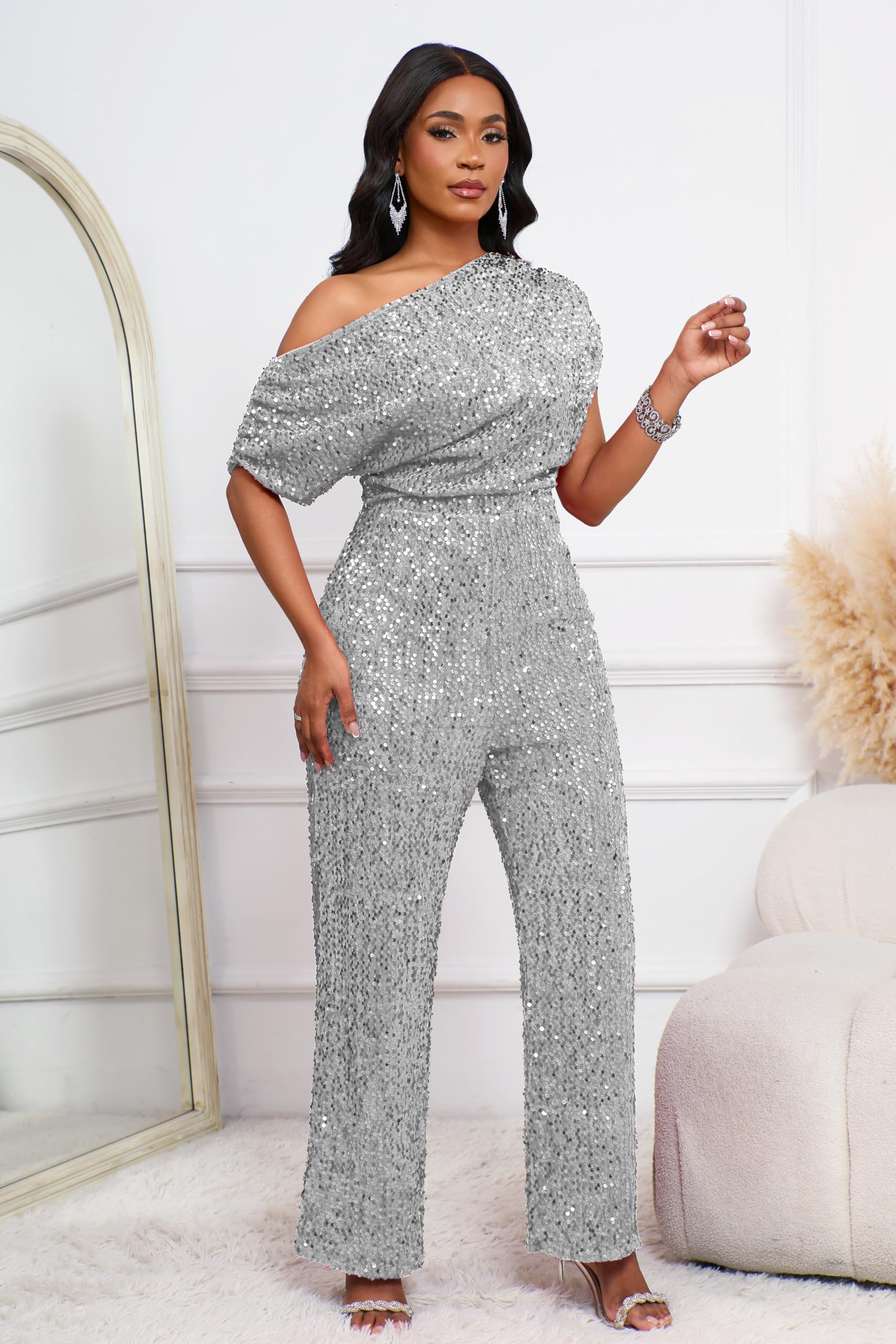 VERWIN Combinaison à paillettes pour femme - Élastique à volants - Jambe large - Pour fête et cocktail