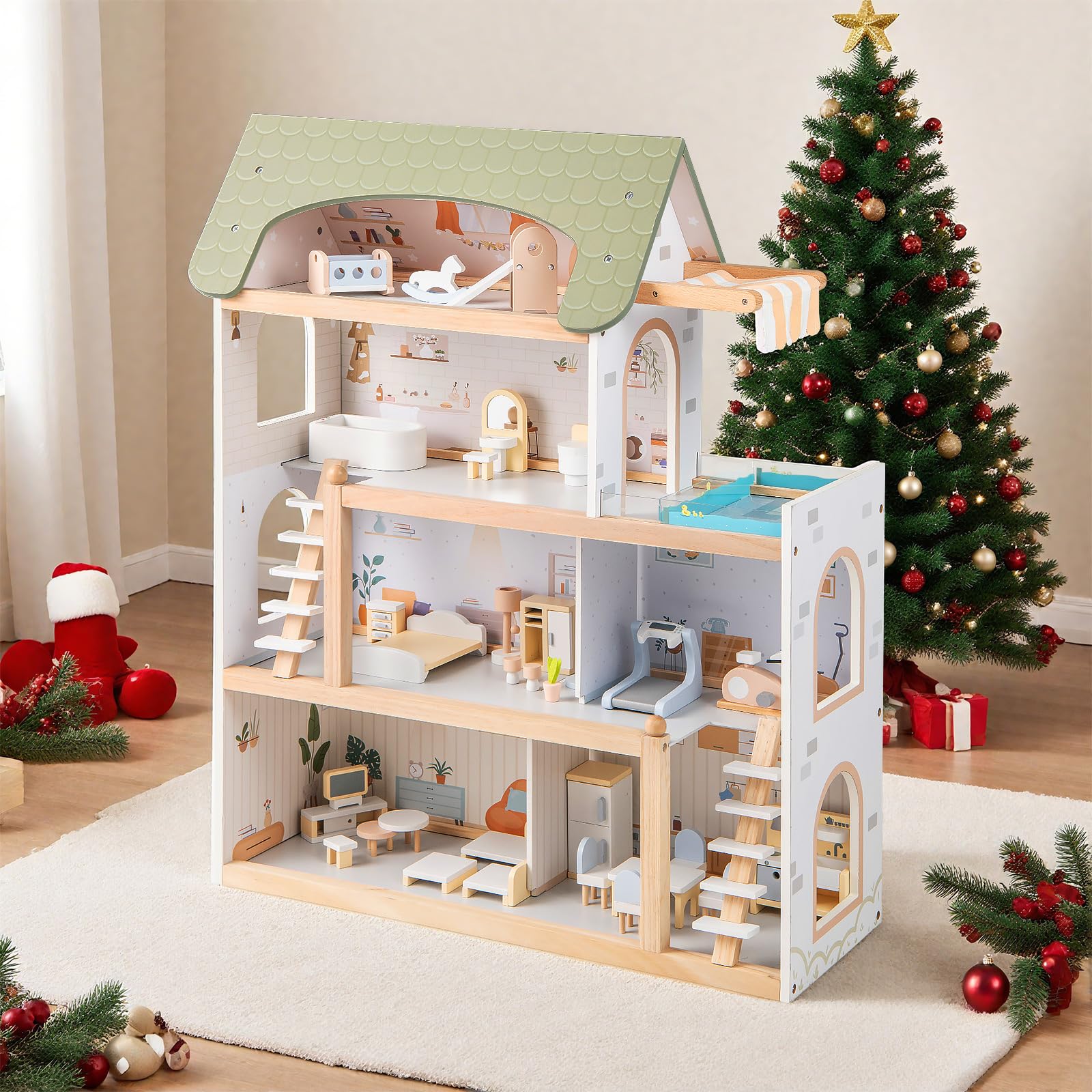 GOPLUS Casa de Muñecas de Madera para Niños, Casa Moderna de 4 Pisos con 33 Accesorios de Muebles, 6 Habitaciones, Balcón con Piscina, Juguete de Juego de Simulación para Niños de 3+ Años