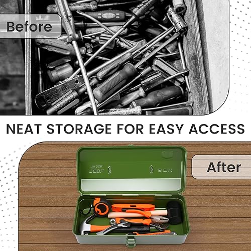 Miniatura 5 de Caja de almacenamiento de herramientas de metal grande con asa para taller, caja de herramientas portátil de 15 pulgadas con tapa, caja organizadora