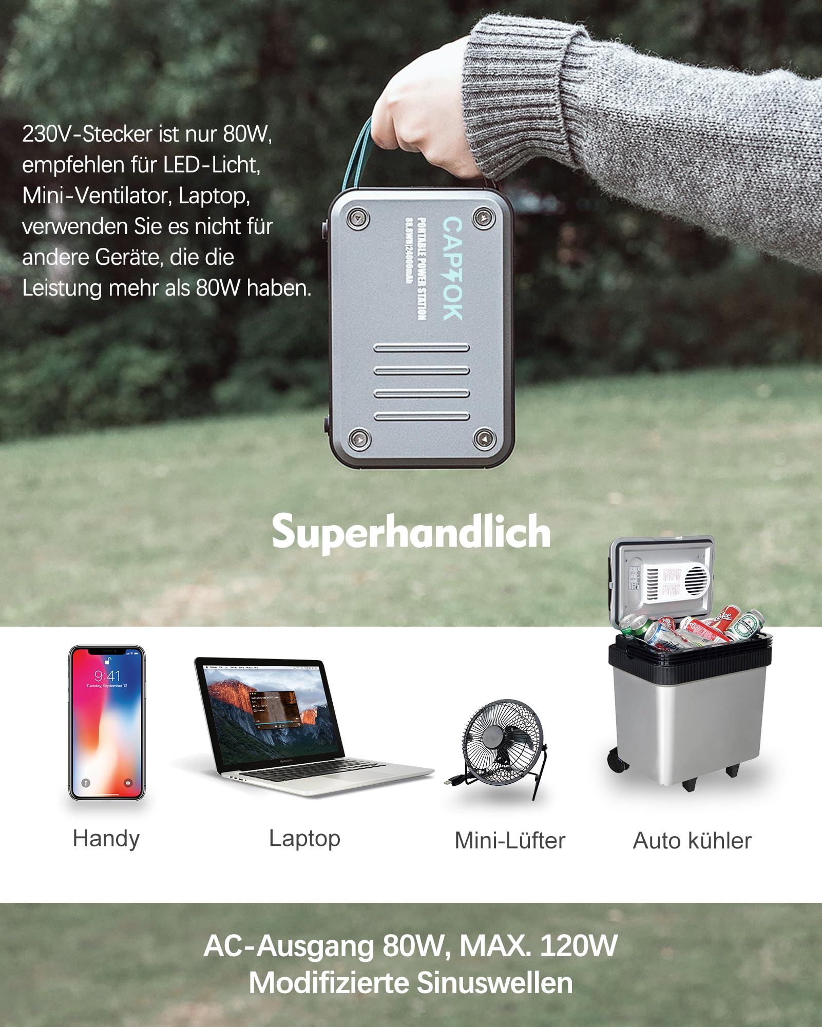 Powerbank 230V mit Steckdose 88.8Wh Powerstation, 10W Drahtloses Ladegerät, 120W Solar Generator USB LED für Camping Outdoor Notfall
