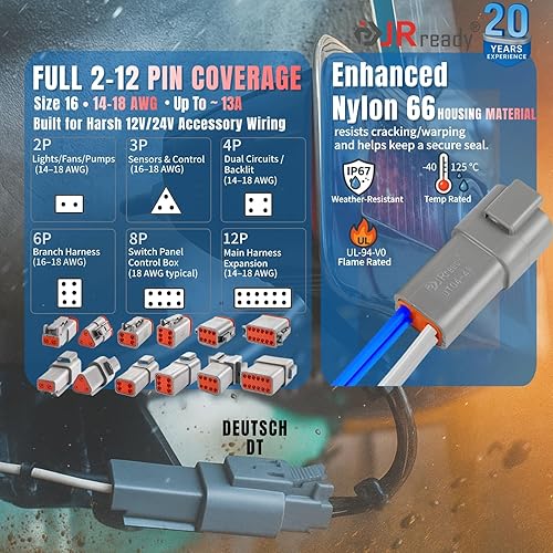 Miniatura 3 de JRready Kit de conectores DT Deutsch de 604 piezas, 2 3 4 6 8 12 pines conectores DT grises, tamaño 16 contactos formados estampados (14-18AWG)