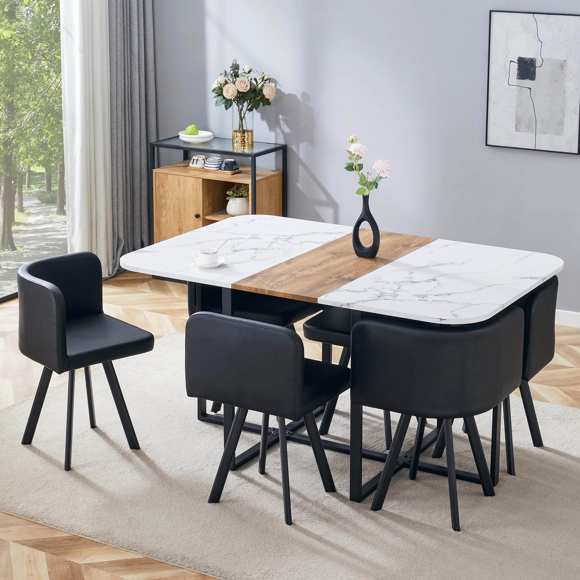 JUFU Modern Dining Table Set for 6, 60" White Faux Marble Tabletop with Sturdy Metal Legs, Space-Saving Dinner Table and Chairs Set for Kitchen,Living