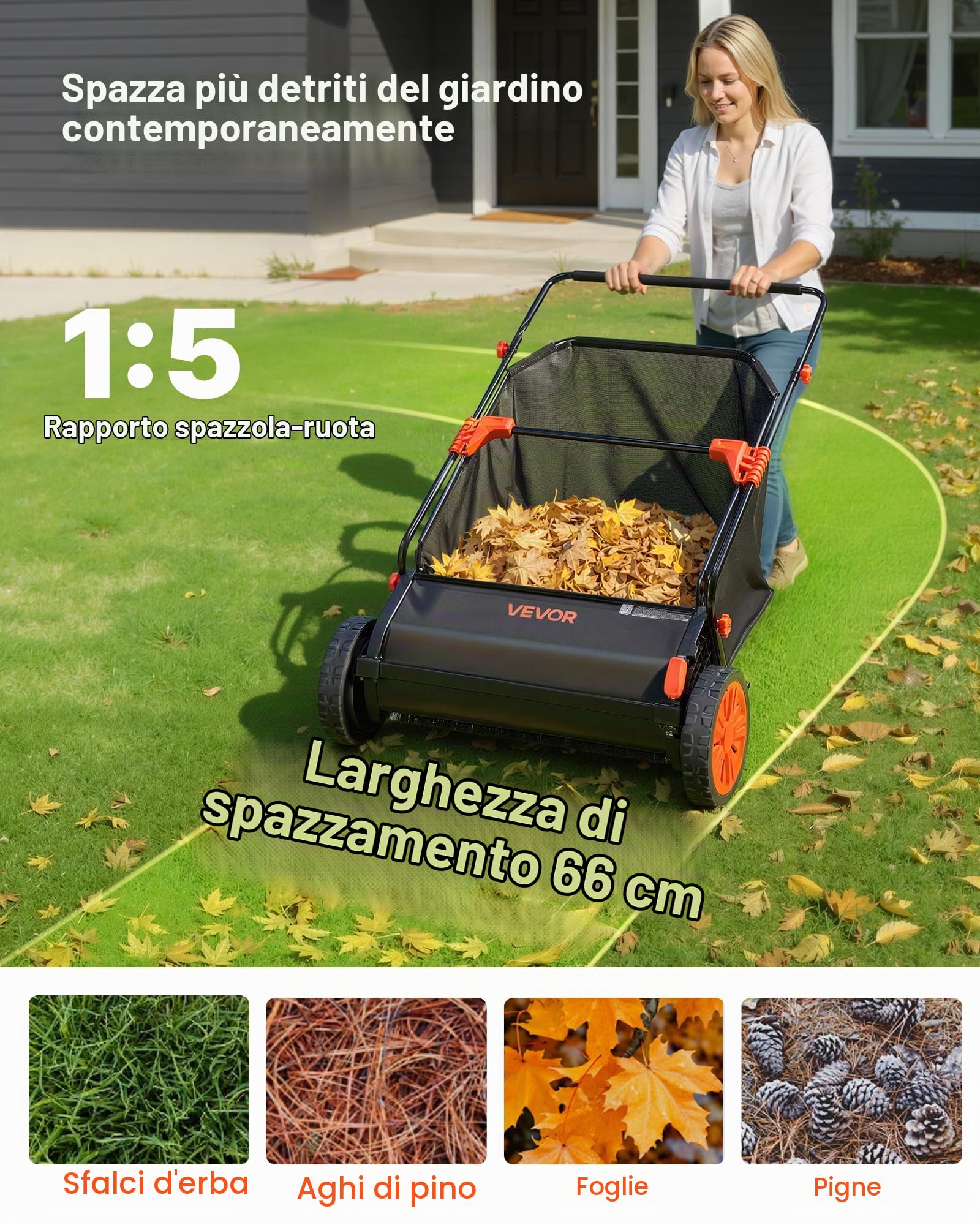 VEVOR Spazzatrice Raccoglitore Foglie da Cortile Giardino, Spazzatrice con Sacco di Raccolta di Foglie Erbe Larghezza 66 cm Sacco di Raccolta Capienza 198 L, Raccoglitore Manuale con Ruote in Gomma