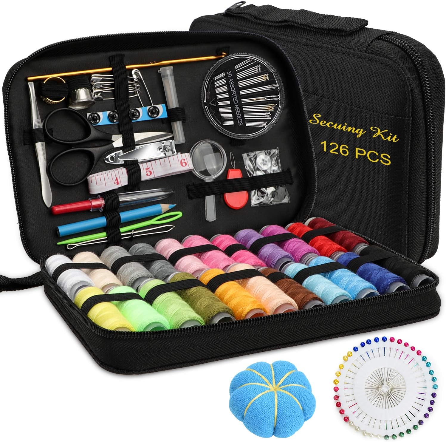 Sewing KIT, DIY Sewing Supplies with Sewing Accessories, Portable Mini Sewing Kit for Beginner, Traveller and Emergency Clothing Fixes, with Premium Black Carrying Case (B)