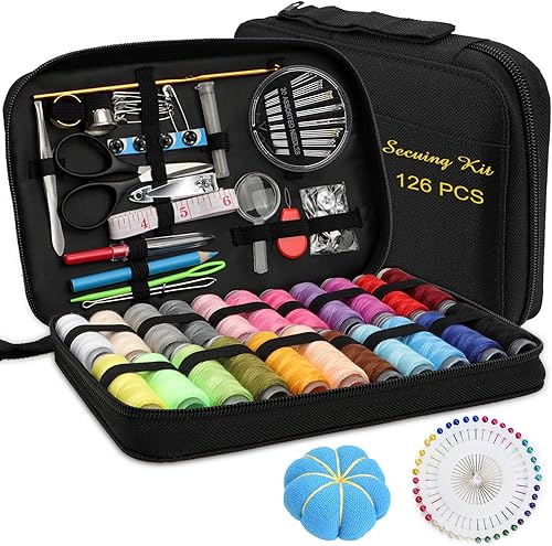 Kit de costura portátil para manualidades, principiantes, viaje y arreglos de emergencia, en un estuche negro de calidad prémium