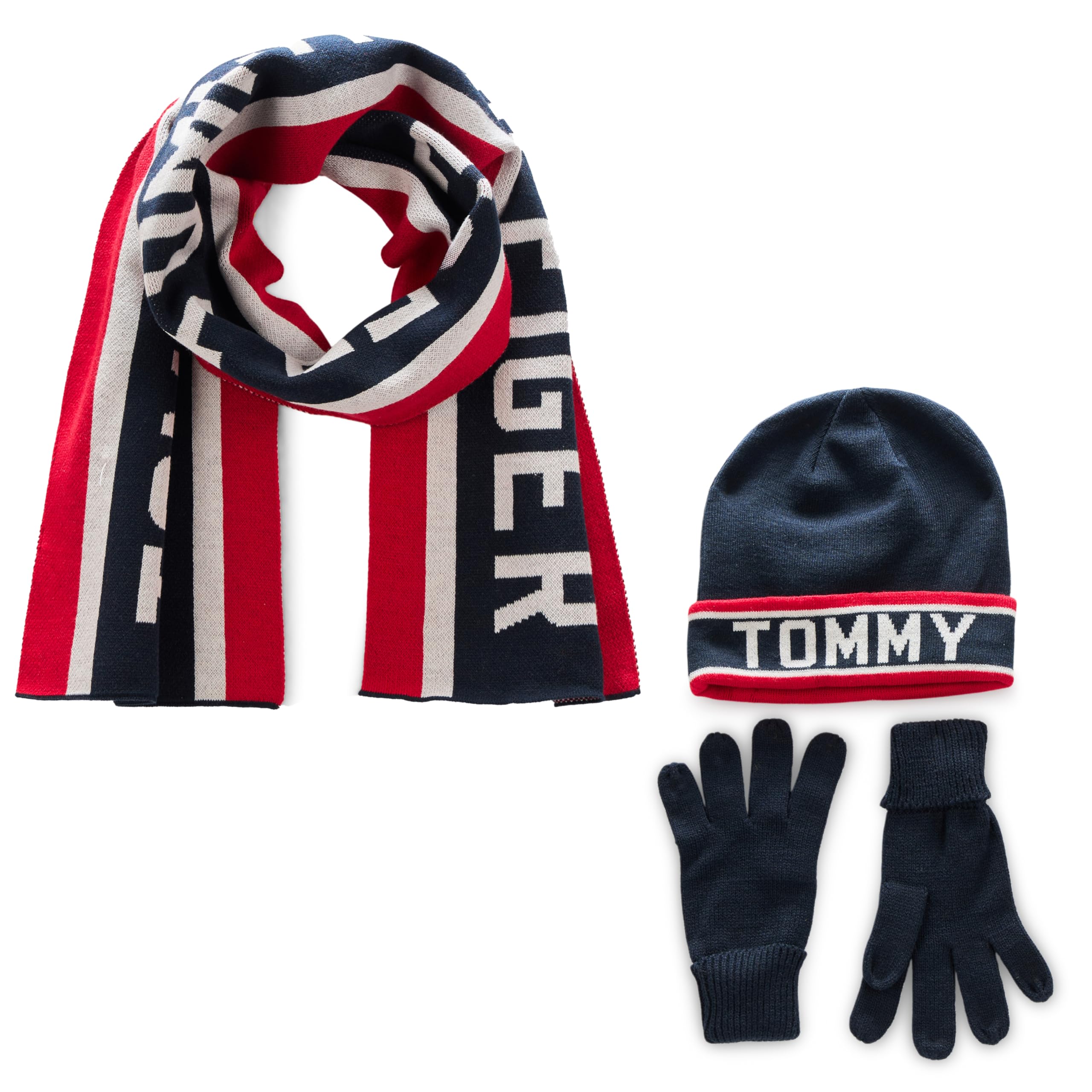 Tommy Hilfiger Men's Varsity Th Stripe Hat Glove and Scarf Set Beanie