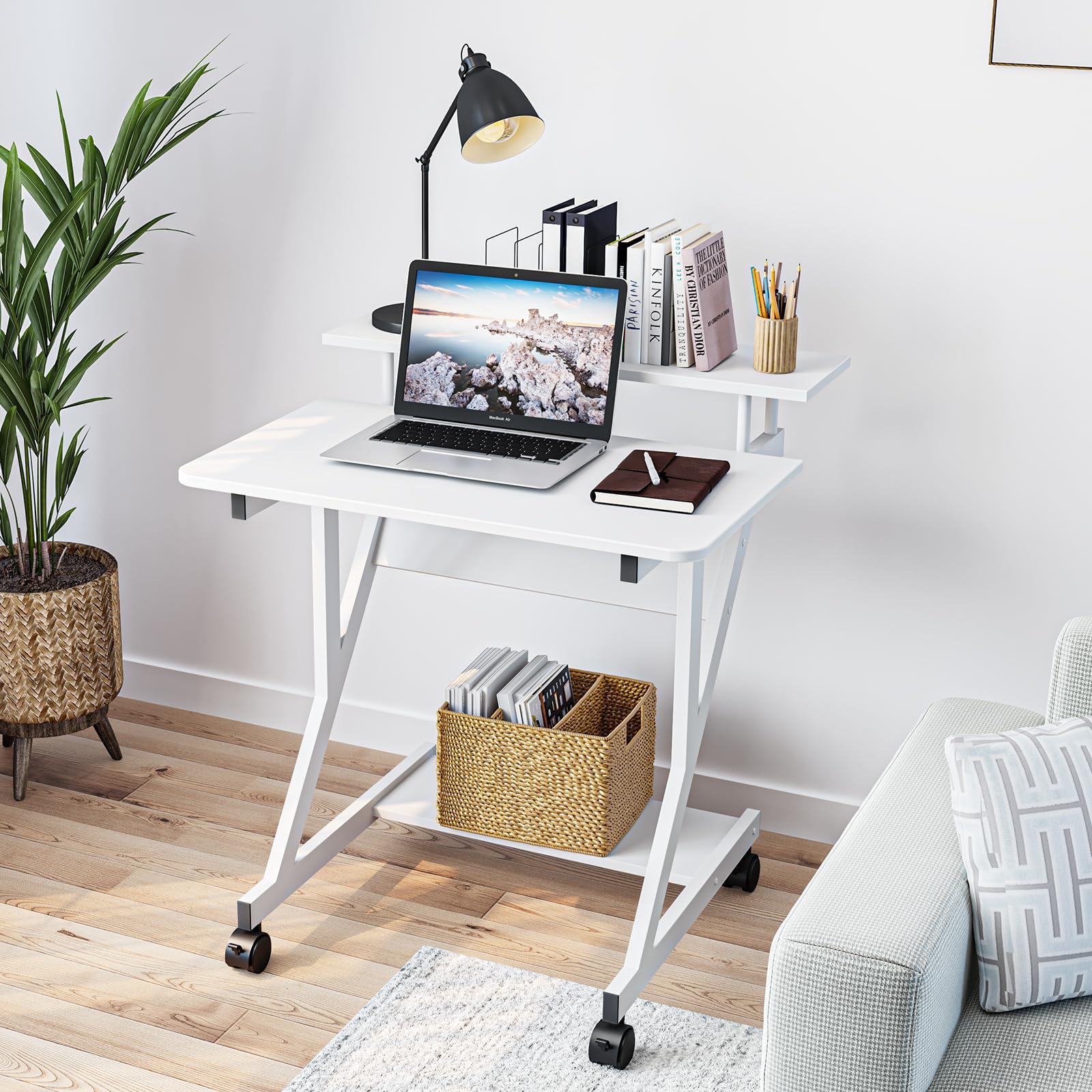 Dripex Computertisch mit Rollen Z-förmiger Schreibtisch, Mobiler Laptoptisch mit Regalen für kleine Räume, Home Office 70x60x73CM Weiß