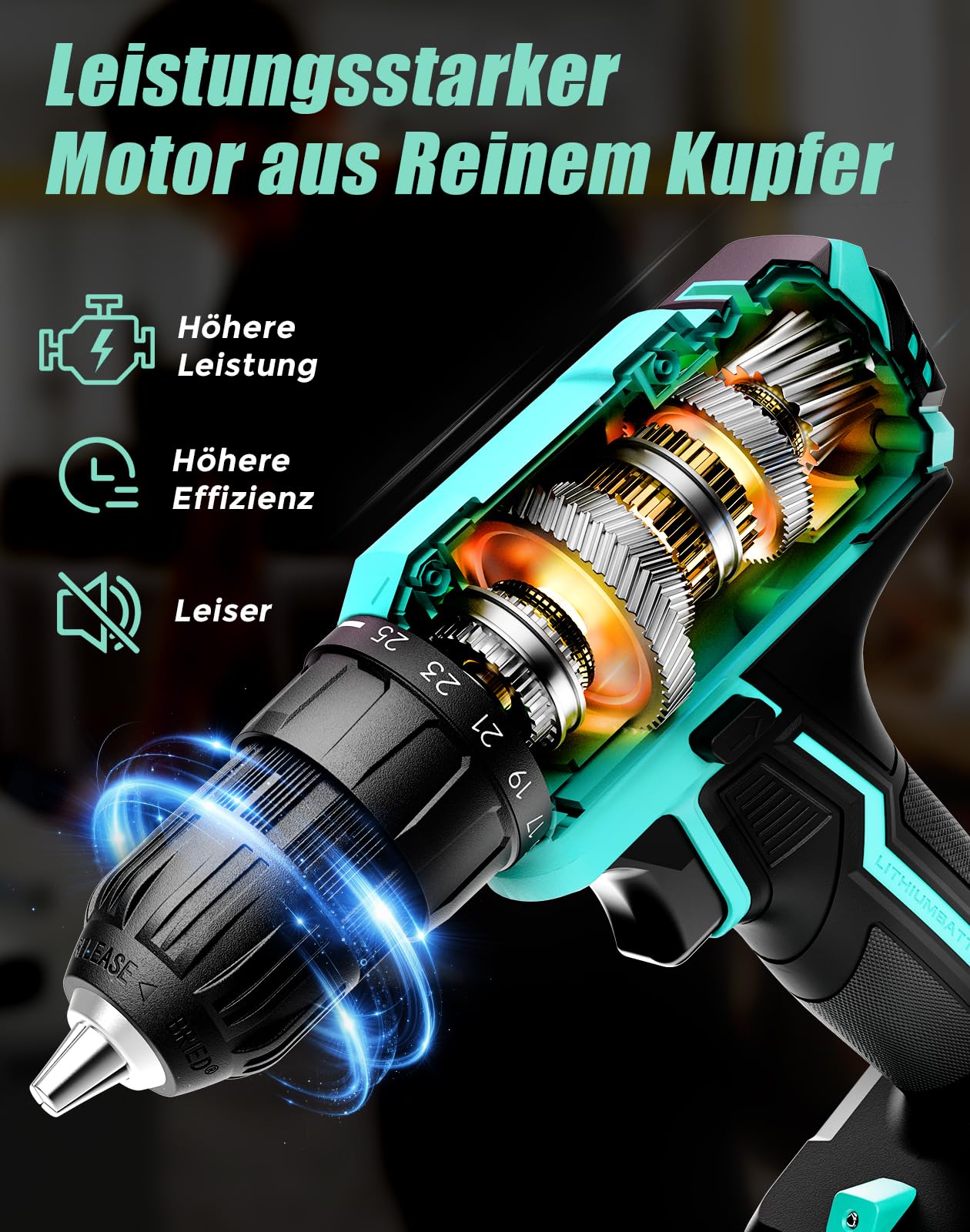 Akkuschrauber, 20V Akku Bohrschrauber, 25+1 Drehmomentstufen Akkubohrer, kompatibel mit Makita 18V Akku, 42Nm Max Drehmoment, LED-Licht, 56 tlg Zubehör Akkuschrauber Set für Reparatur & DIY Cyan