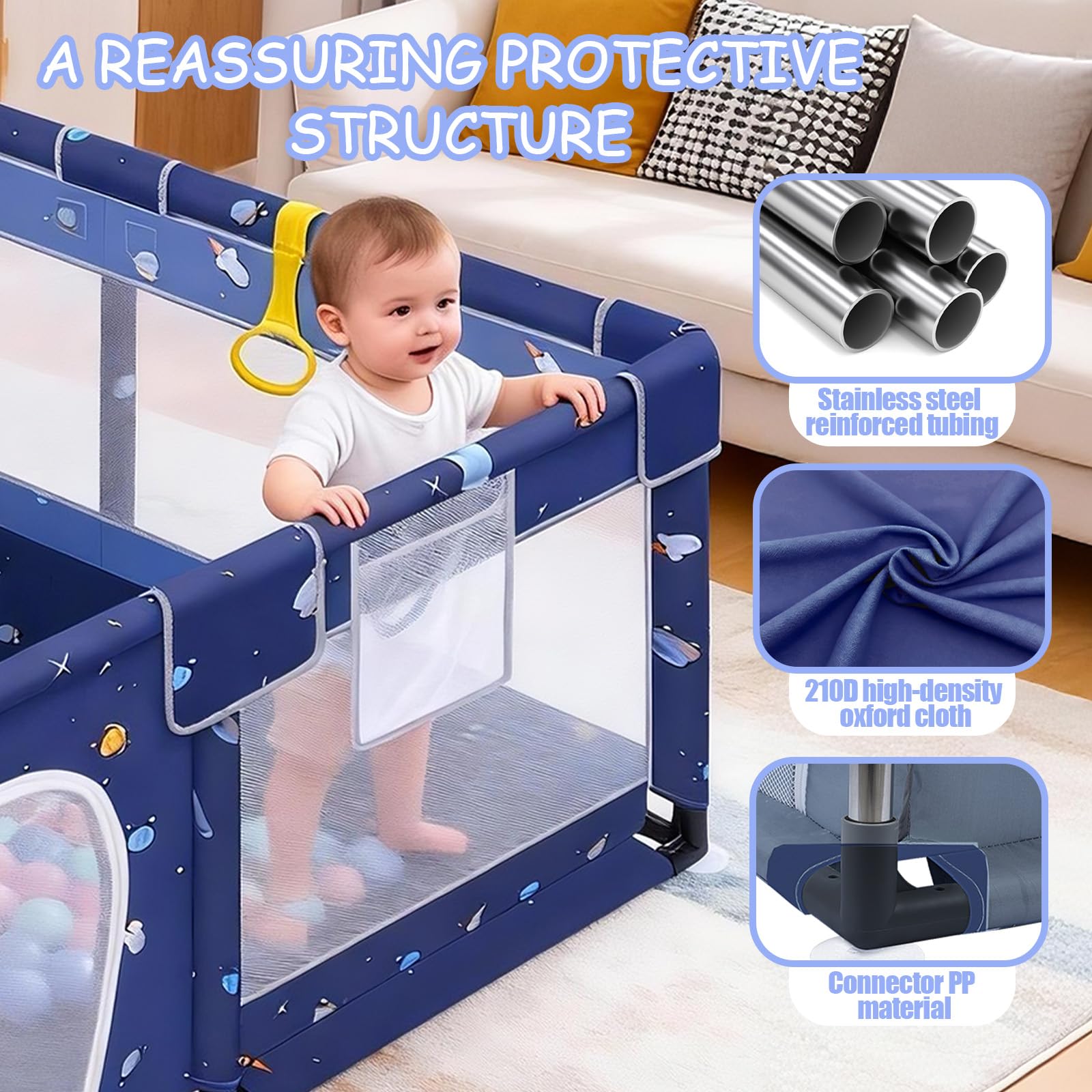 Verdego Laufstall Baby 130 x 130 x 66 cm, Laufgitter Baby, Laufstall Faltbar mit Zugringen, Bällen, 210D Oxford, Atmungsaktivem Netz, Sicherheitsspielplatz Schutzgitter für Kinder (Tiefblau)