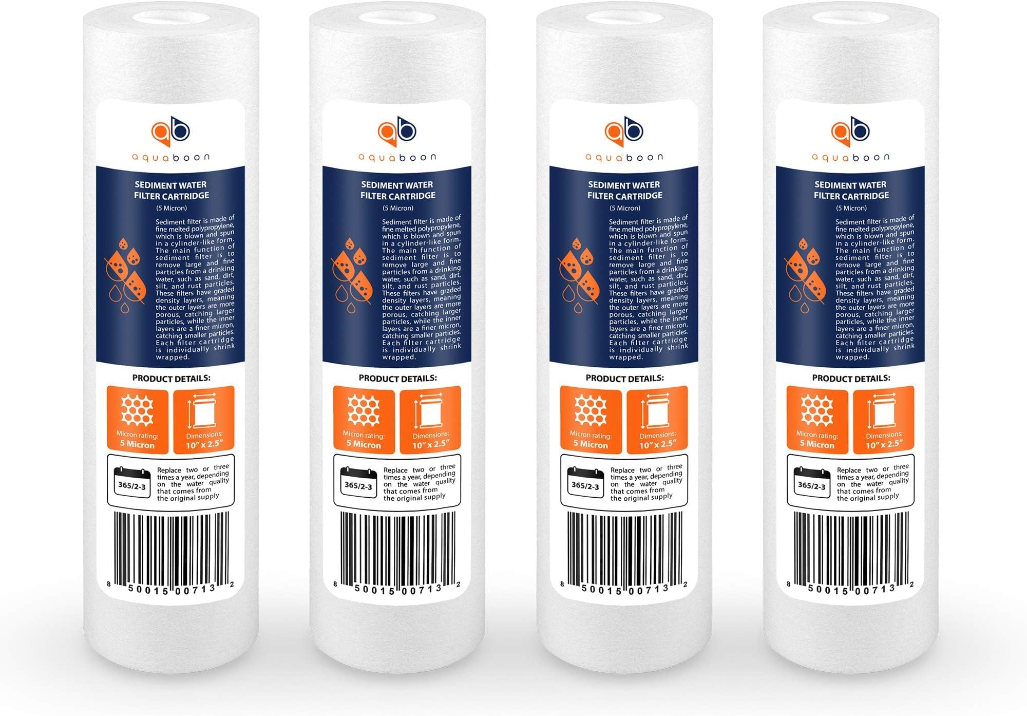 Aquaboon 5 Micron 10 x 2.5 Sediment Filter - Whole House Water Filter Replacement Compatible with Well Water Filters - P5, AP110, WHKF-GD05, 4 Pack