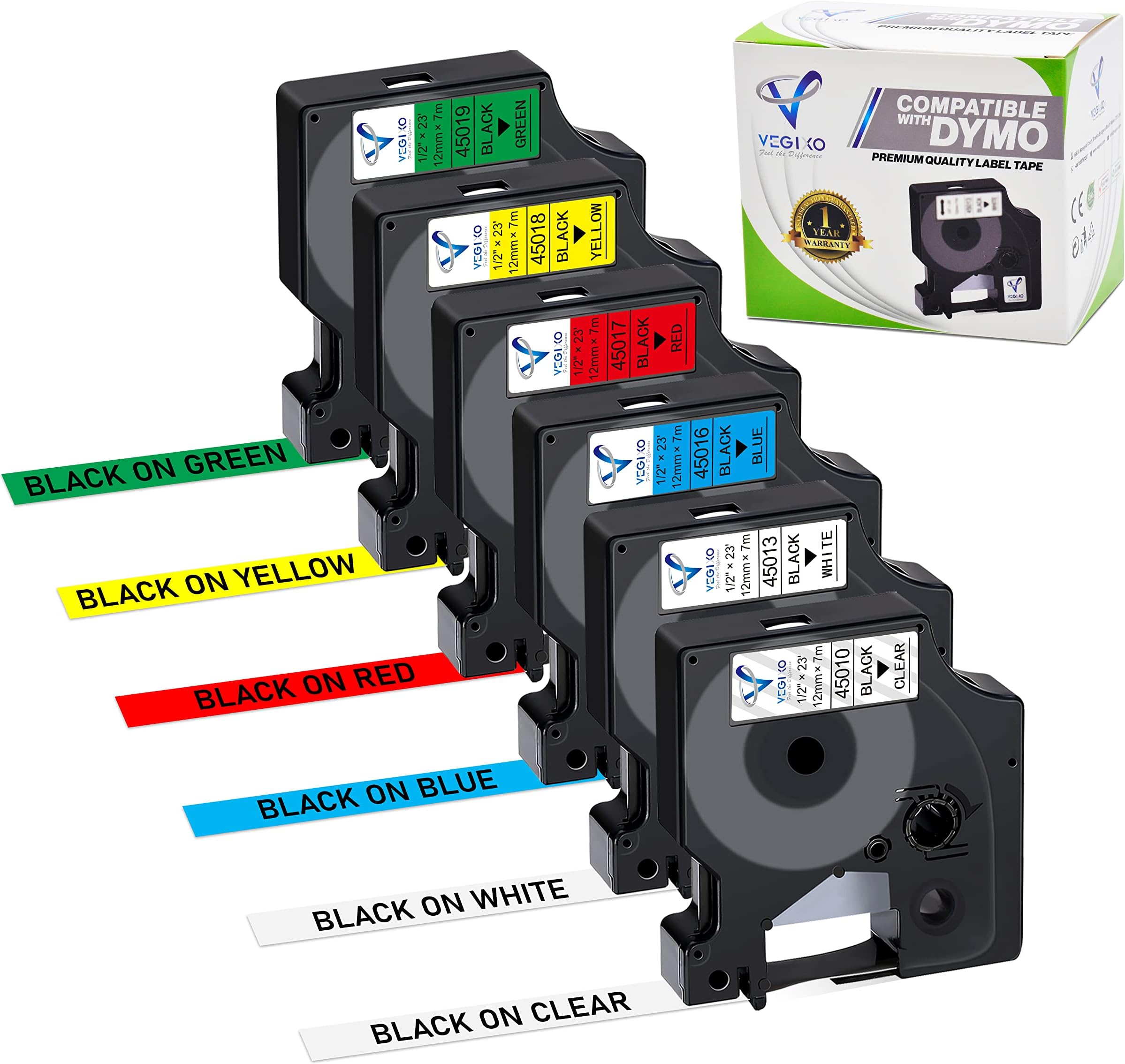 6 Pack D1 Label Tape 12mm X 7m Black on Clear|White|Red/Blue|Yellow|Green-Replacement for 45010 45013 45016 45017 45018 45019 Dymo ‎Label Maker Refill, Compatible with Dymo Label Maker