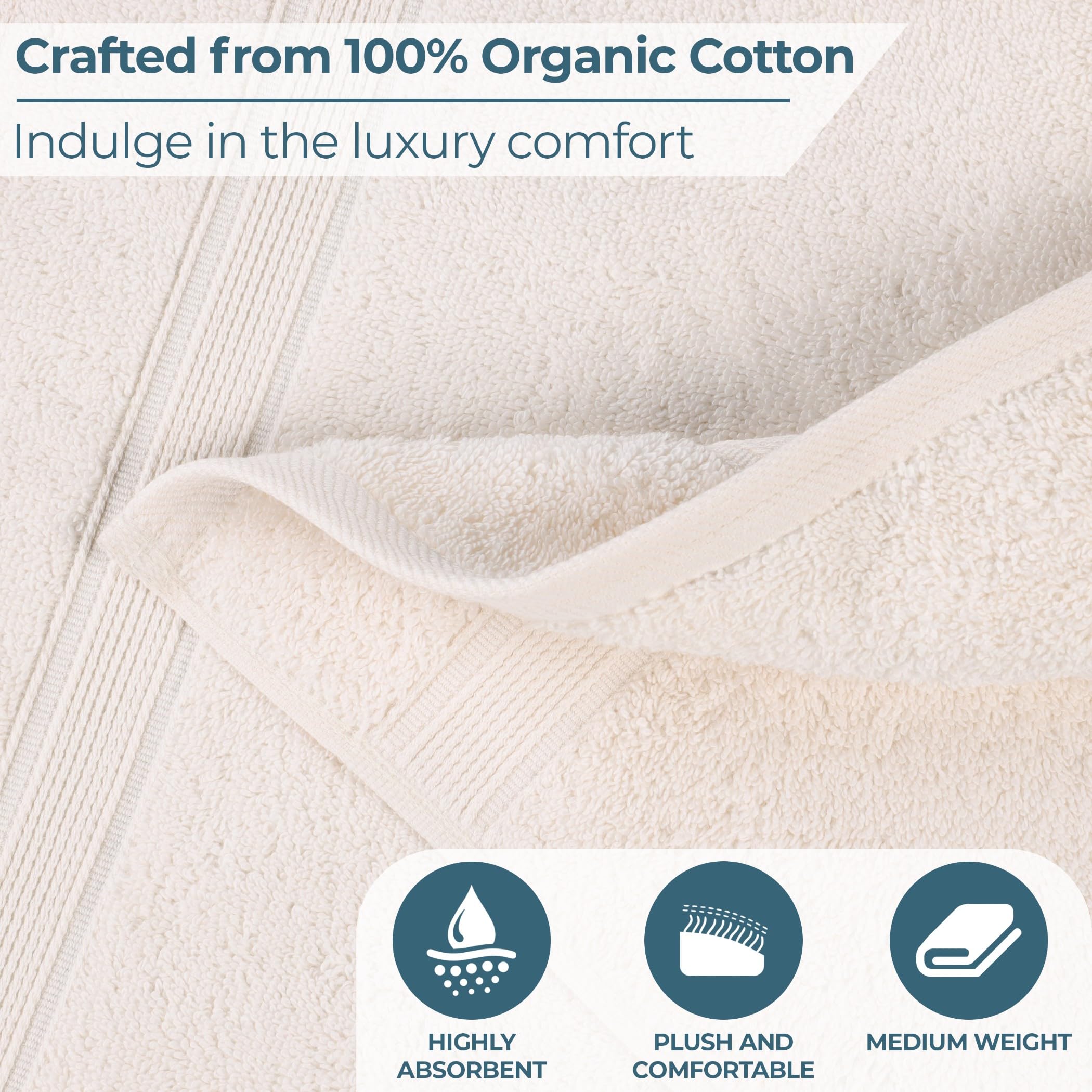 Lot de 6 Serviettes en Coton Biologique de qualité supérieure, 6 pièces, Couleur Ivoire