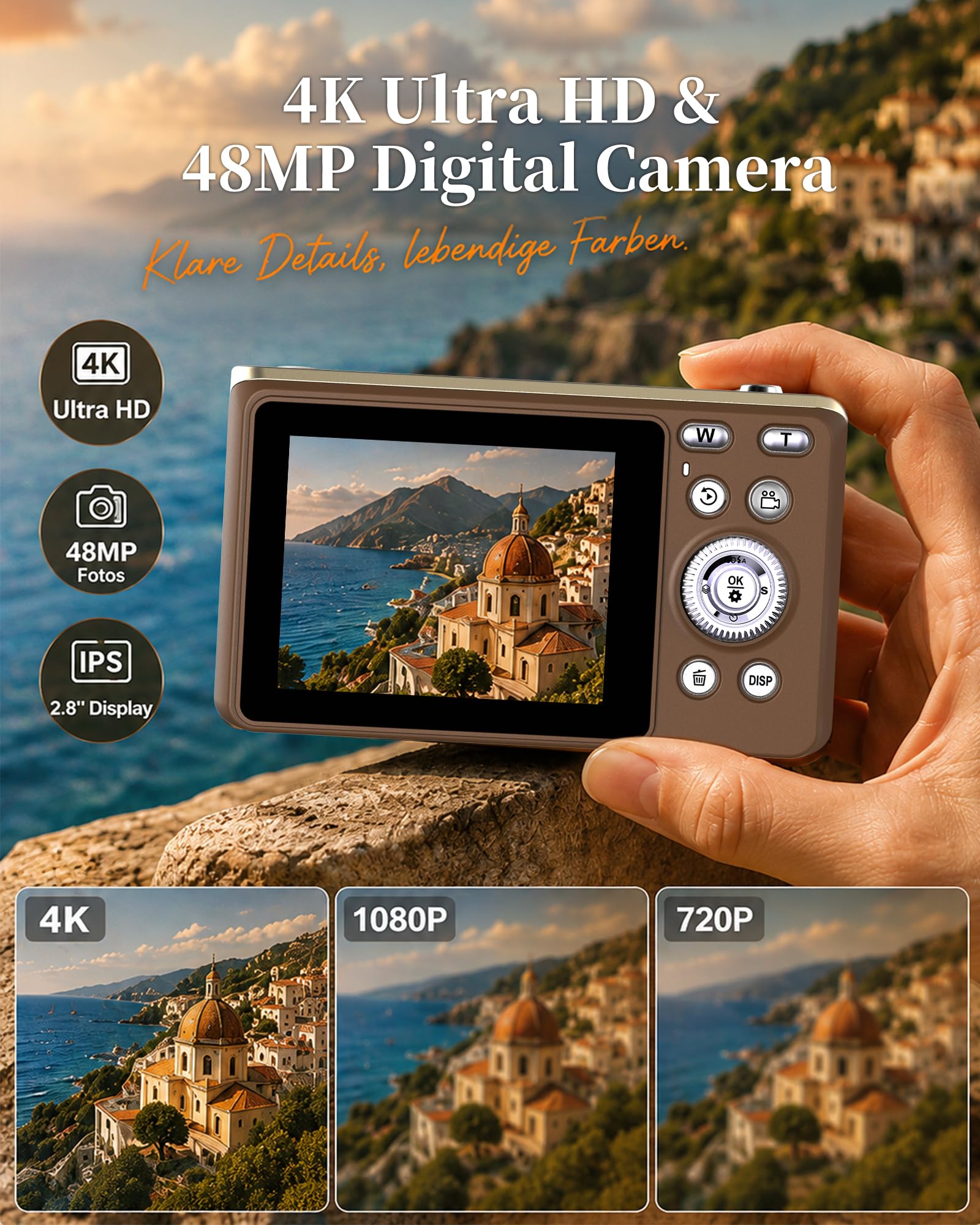 Fotocamera digitale 4K, 48 MP, messa a fuoco automatica, con schermo da 2,8", zoom digitale 16x, scheda SD da 64 GB, portatile, compatta per bambini, adolescenti e principianti